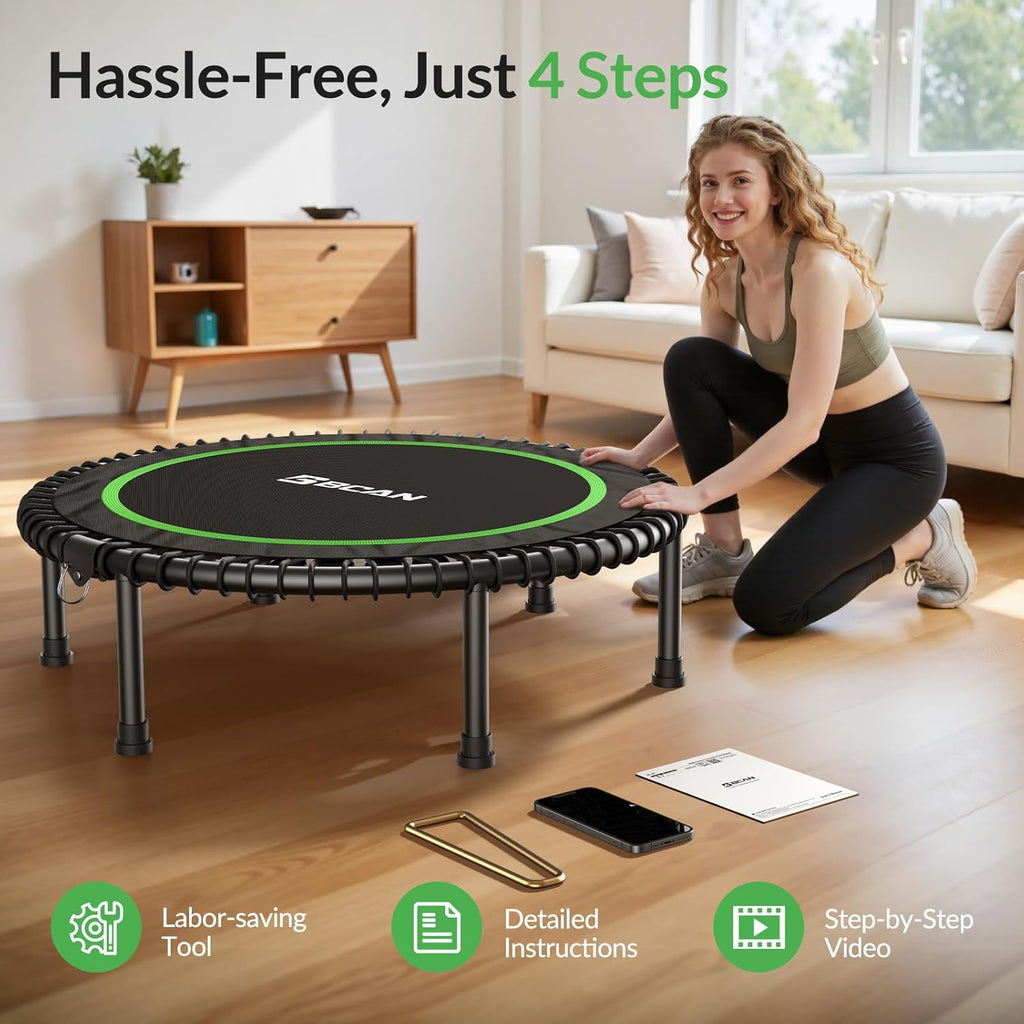 BCAN 450/550LBS Mini Rebounder Trampoline for Adults, 40'/48' Foldable Fitness Trampoline with Bungees, Quiet & Stable Exercise Trampoline Indoor/Home/Garden (BT2, Without Handle)