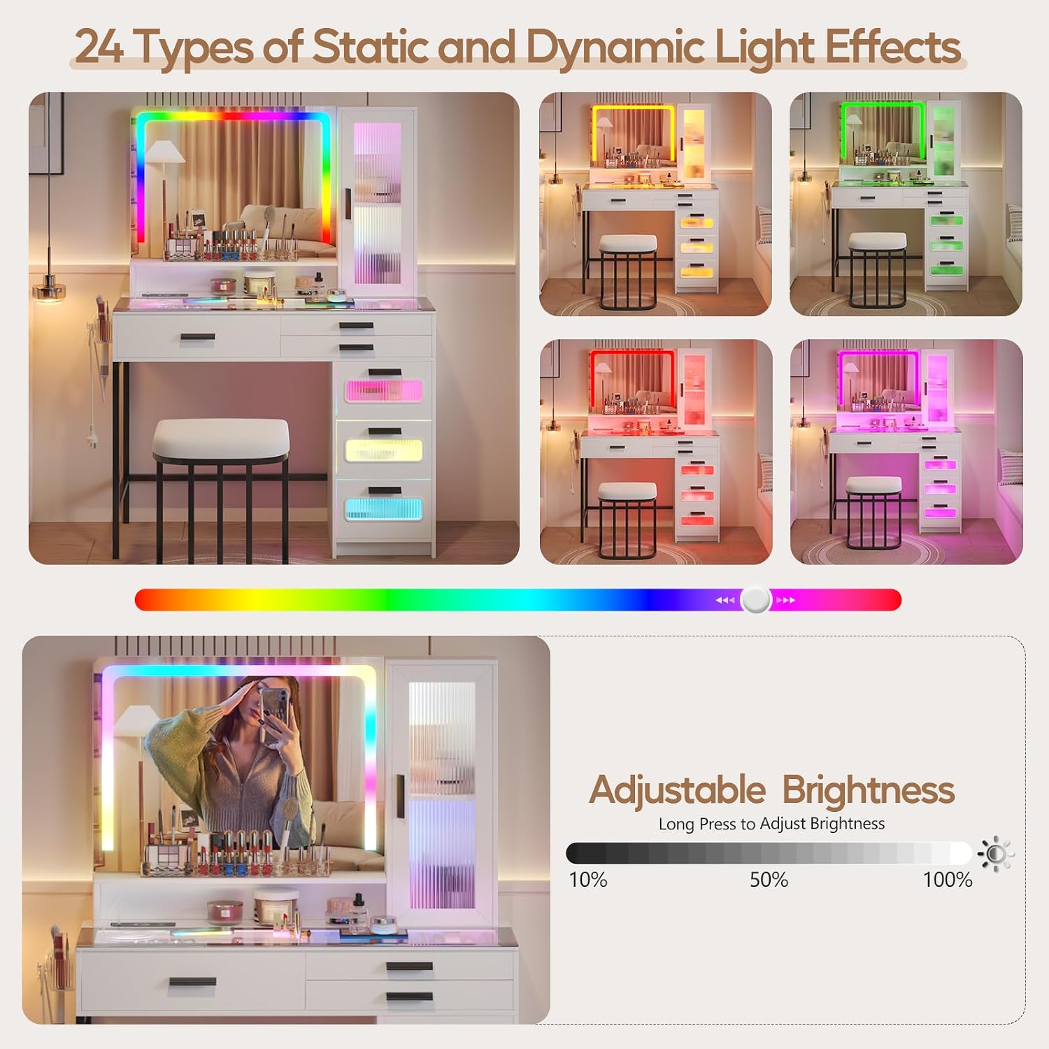 RGB Vanity Desk with Mirror and Lights, Glass Top Makeup Vanity Table with Wireless Charging Station, Girl Vanity,Dressing Table with Chair & 6 Drawers,White