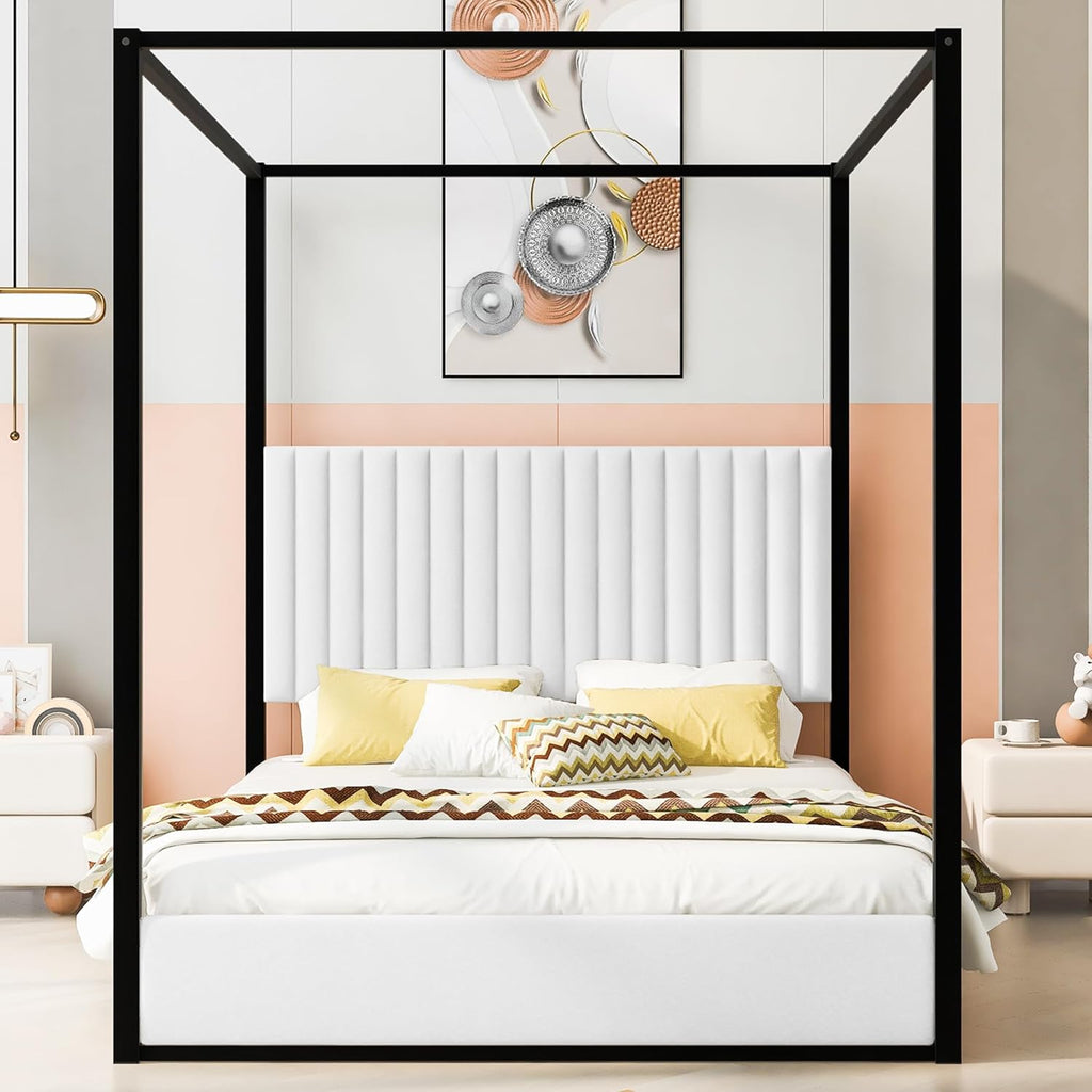 Queen Size 4-Poster Metal Canopy Platform Bed with Upholstered High Backrest Headboard - DIY Canopy Design, Heavy-Duty Metal Frame, Easy Assembly (Black, Queen)