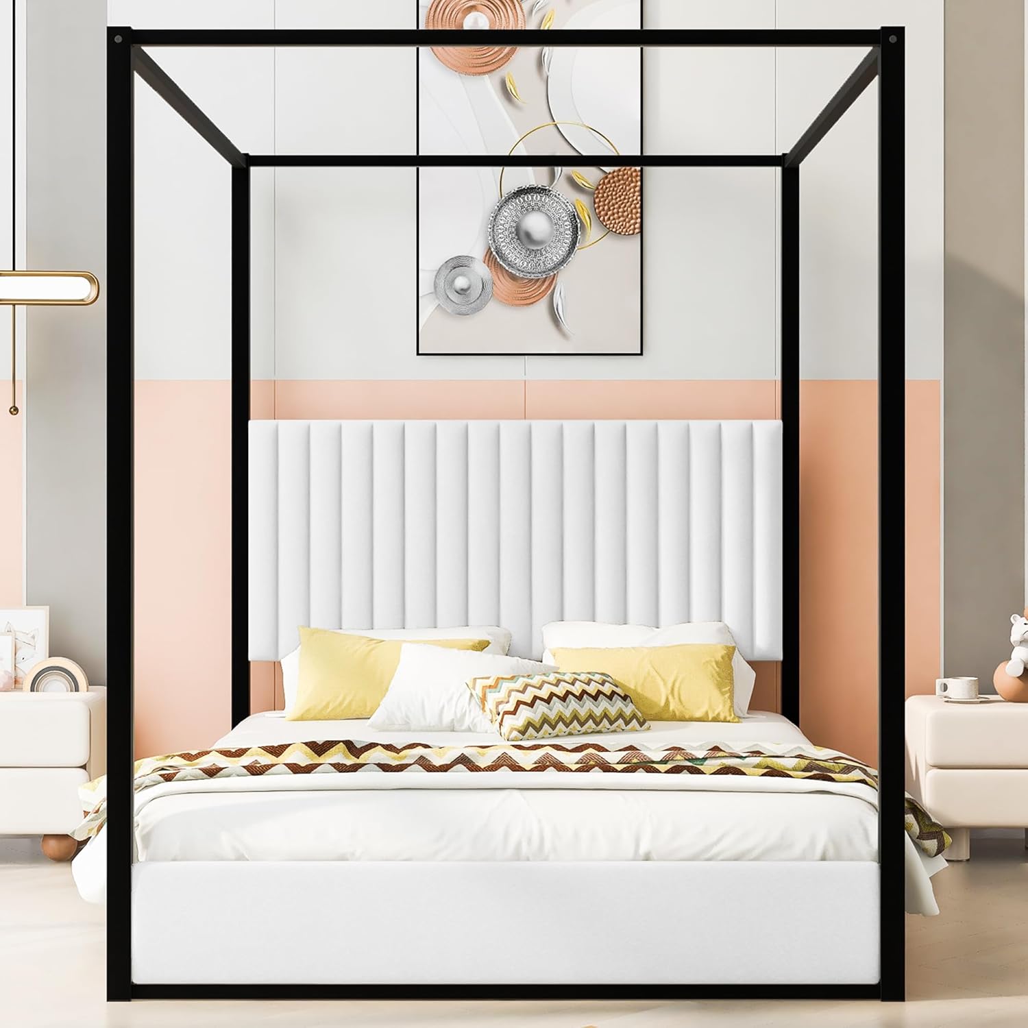 Queen Size 4-Poster Metal Canopy Platform Bed with Upholstered High Backrest Headboard - DIY Canopy Design, Heavy-Duty Metal Frame, Easy Assembly (Black, Queen)