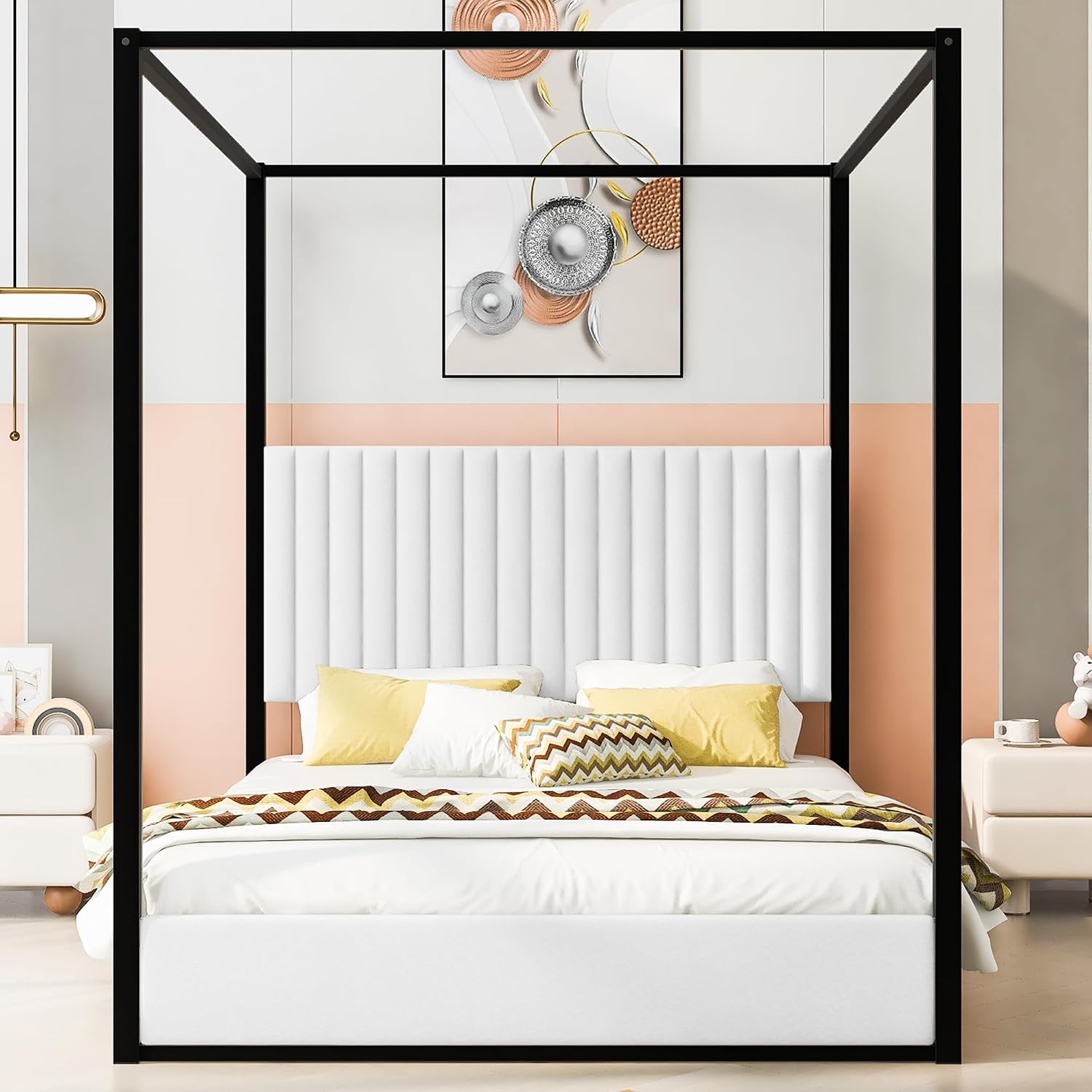 Upholstery Canopy Platform Bed with Headboard and Metal Frame for Bedroom,No Spring Box Needed (Black+White, Queen (U.S. Standard))
