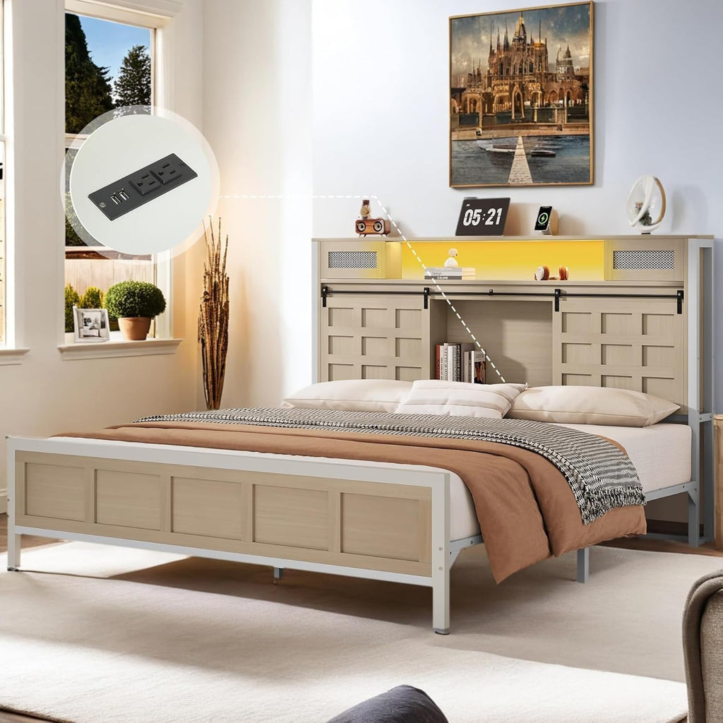 YITAHOME Farmhouse Bed Frame King Size with Storage Bookcase Headboard, Wooden Bed Frame with Charging Station & Led Light, Platform Bed with Sliding Barn Door, No Box Spring Needed,Oak w/Light