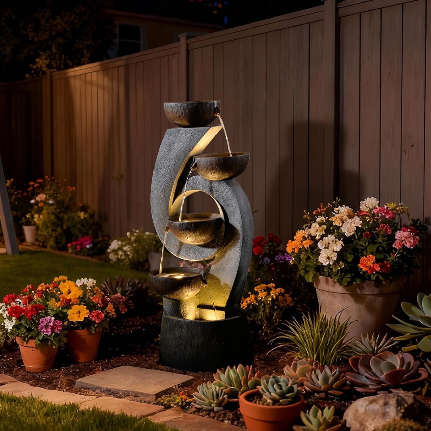 Bumilgar 46.8'H Outdoor Water Fountain Garden, Multi-Tier Waterfall Fountain Water Feature with Lights for Patio, Garden & Porch