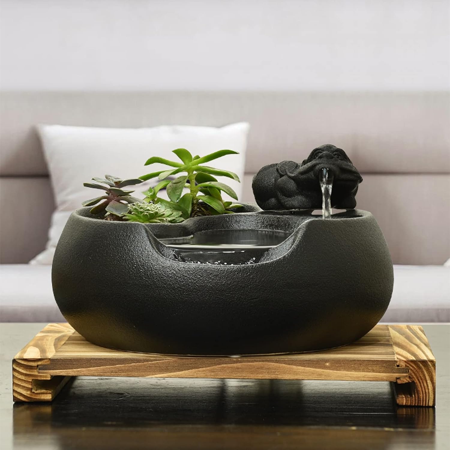 Tabletop Fountains Ceramic Tabletop Fountain for Indoor and Outdoor Table Desk Office Patio Black Ceramic Fountain with Pumps and Wooden Base Indoor Water Fountains (Color : B)