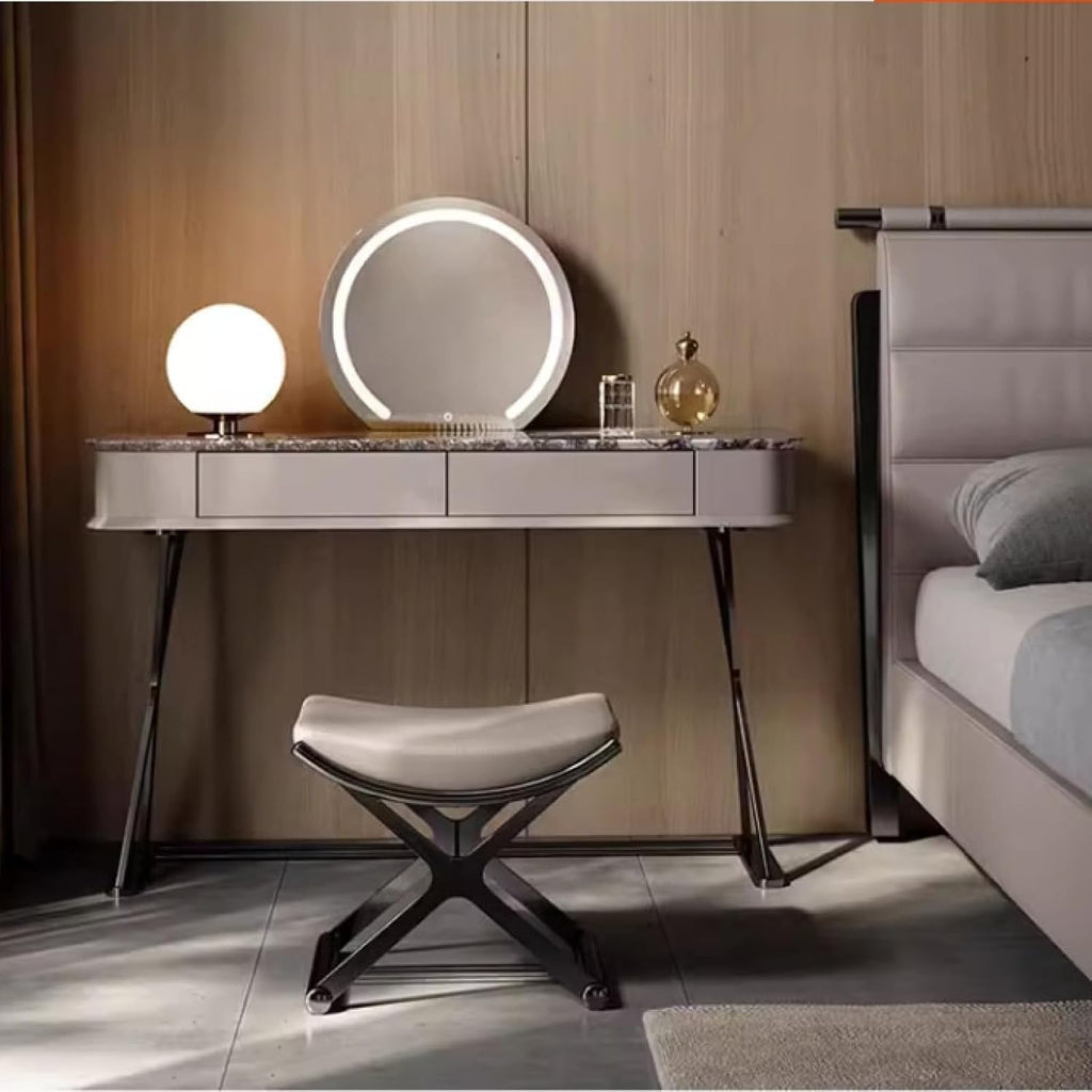 Leather Ottoman Vanity Stool with Metal X Legs, Multifunctional Padded Seat for Makeup, Living Room, Bathroom