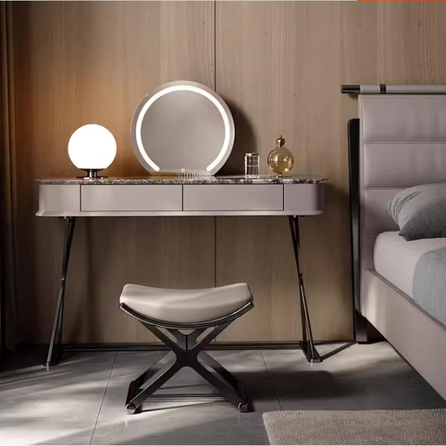 Leather Ottoman Vanity Stool with Metal X Legs, Multifunctional Padded Seat for Makeup, Living Room, Bathroom