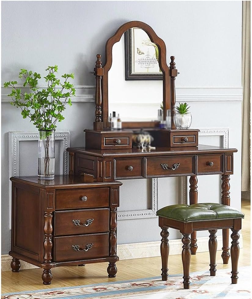 Vanity Desk Vintage Solid Wood Vanity Table with Makeup Mirror Stool & Dresser Chic Bedroom Retro Desk