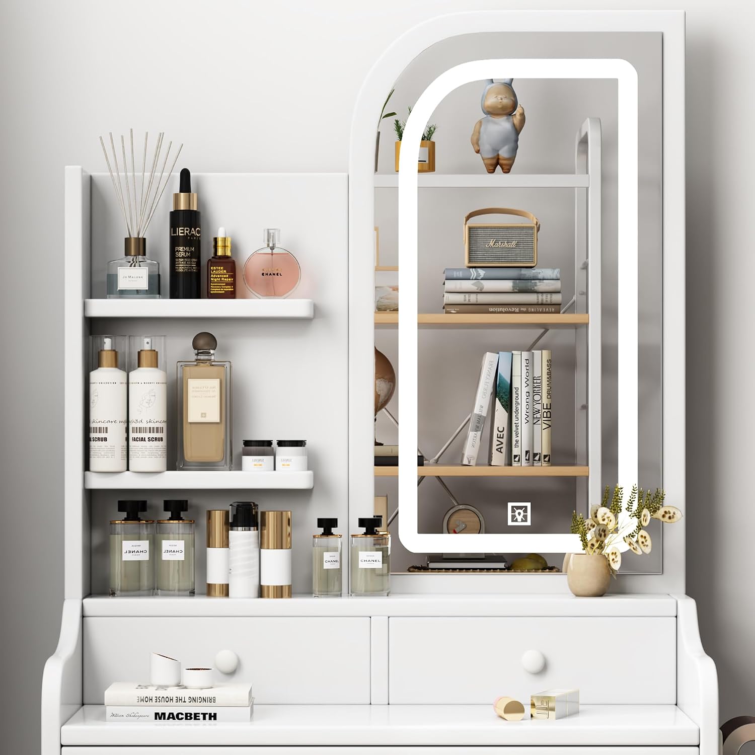 Small Makeup Vanity Desk with Mirror and Lights, Vanity Table Set with Storage Drawer, 3 Lighting Colors, Dressing Table for Bedroom, White