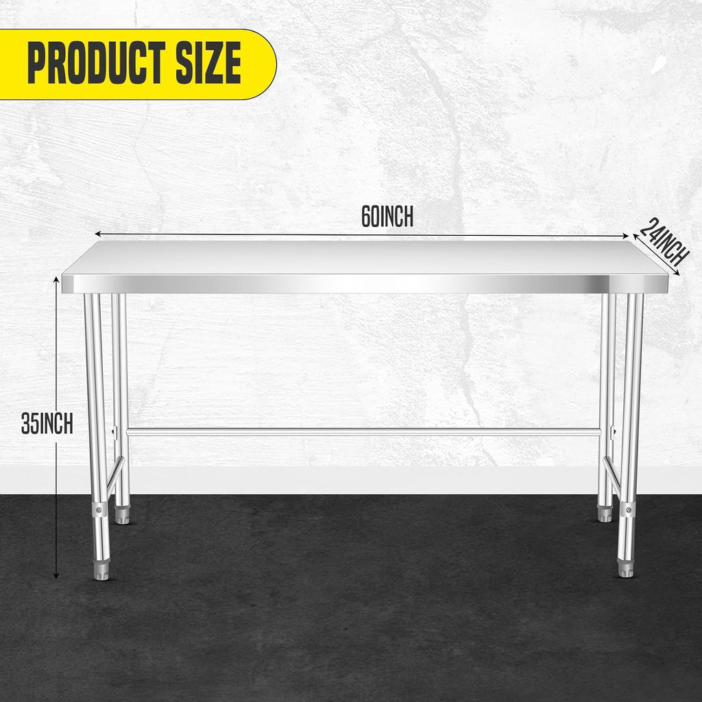 GlowSol Stainless Steel Table 60x24 Inch, NSF Heavy Duty Commercial Prep Table with Open Base, Metal Work Tabl-e for Restaurant Kitchen Home Hotel Food Prep