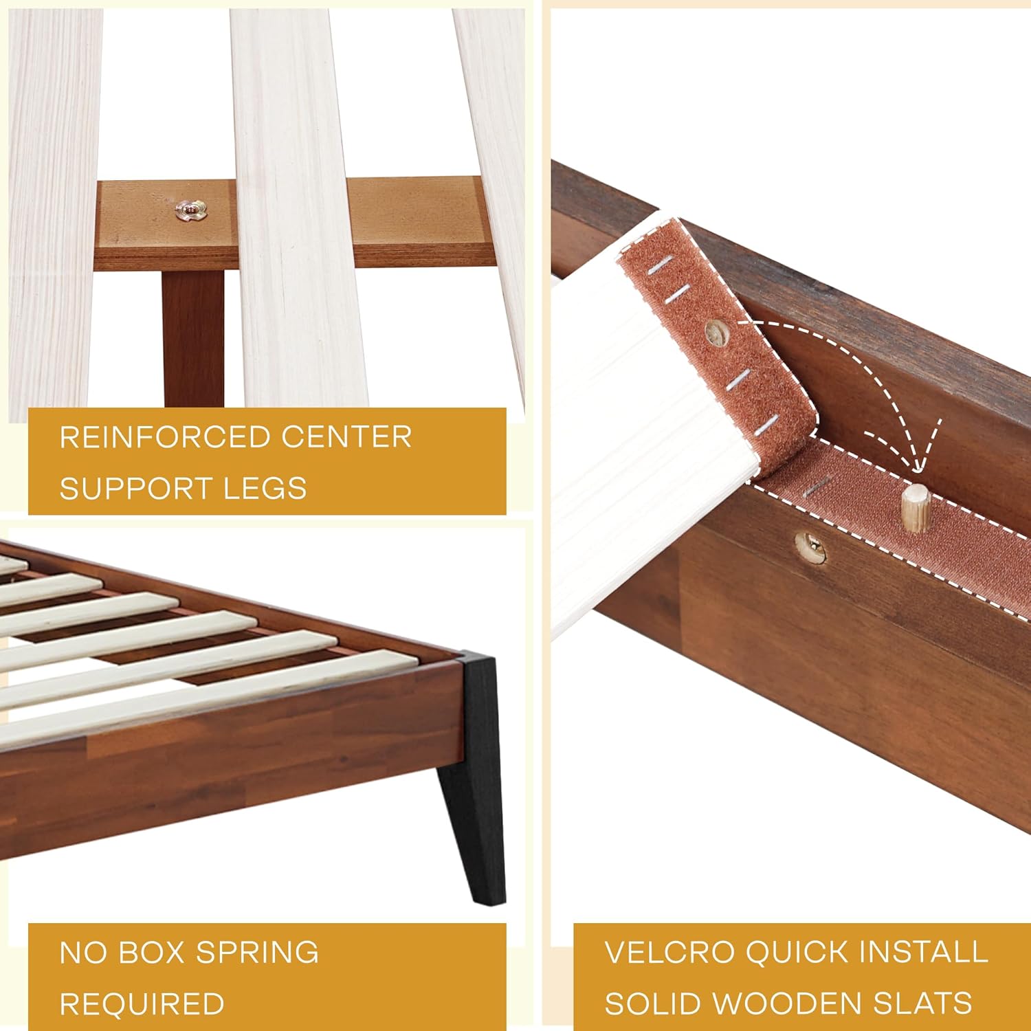 Acacia Emery Bed Frame with Headboard 100% Solid Wood Platform Bed, Scandinavian Bed Style with All Mattresses, Non-Slip and Noise-Free, 30 Mins Assembly, Queen Size Bed Frame, Americano