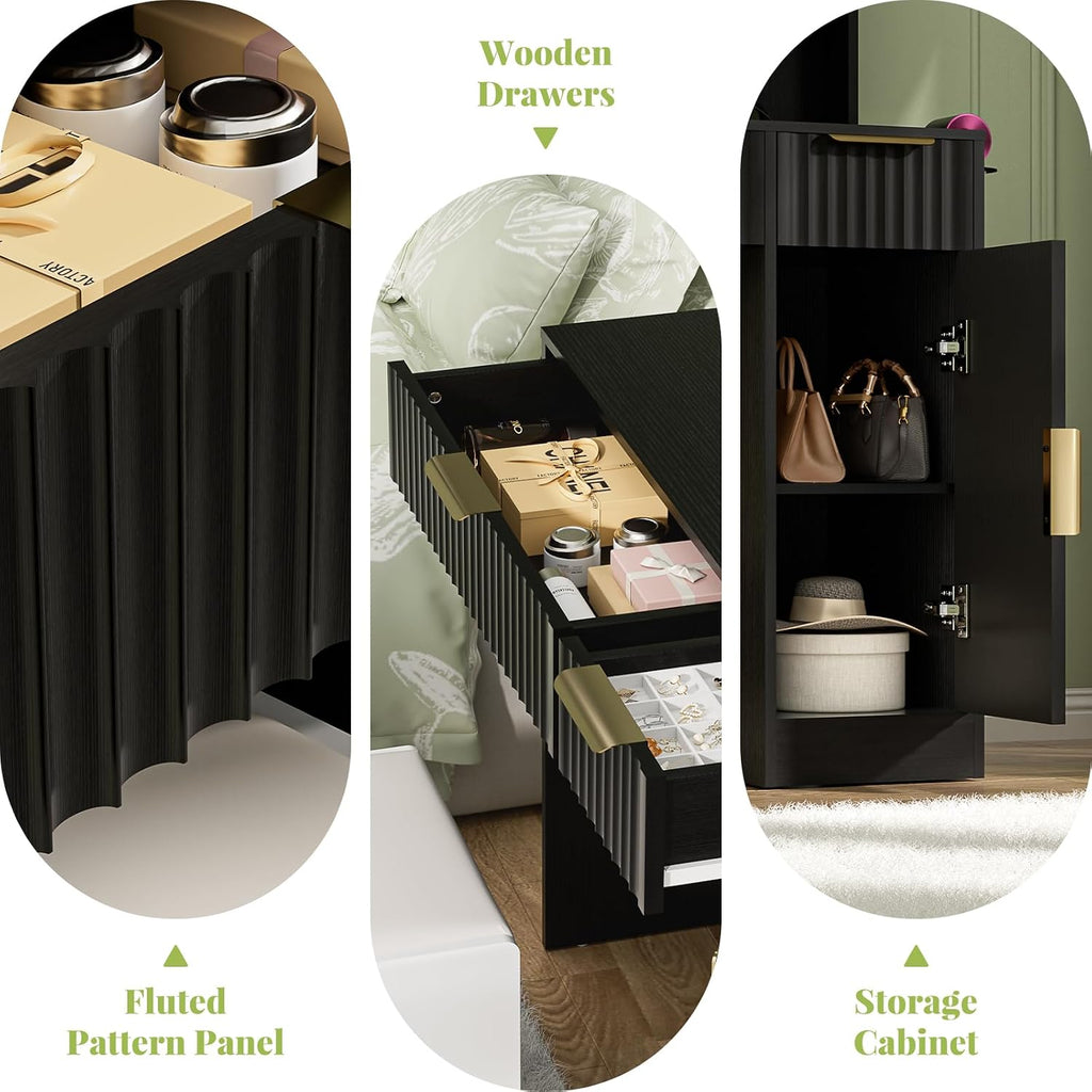 Cyclysio Fluted Vanity Desk with Mirror and Lights, Wood Makeup Vanity Desk with Power Strips, Modern Dressing Table with Drawers & Cabinet for Bedroom, Black