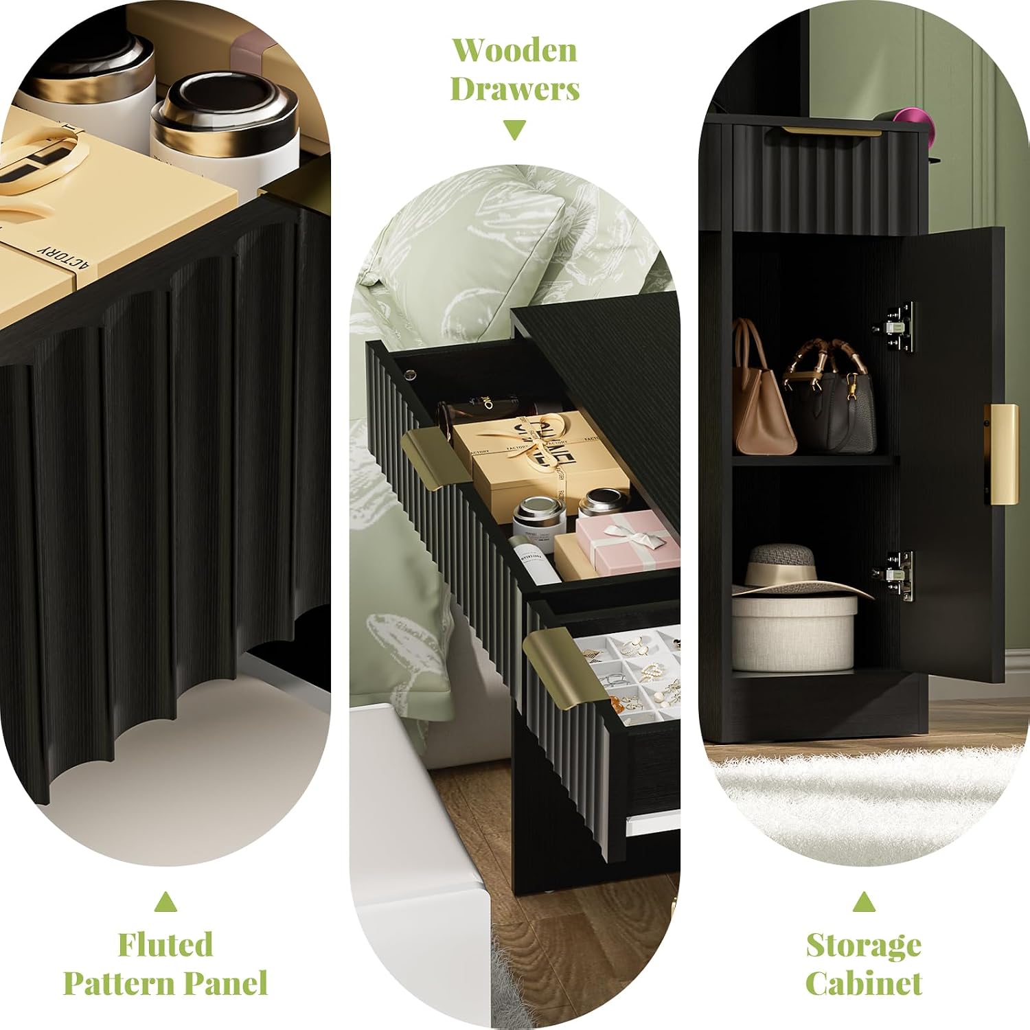 Cyclysio Fluted Vanity Desk with Mirror and Lights, Wood Makeup Vanity Desk with Power Strips, Modern Dressing Table with Drawers & Cabinet for Bedroom, Black