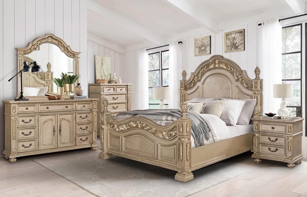 First of a Kind Carolina Gold Finish Traditional 4 Piece King Bedroom Set with Upholstered Tufted Headboard Ornate European Inspired Design Coordinated Furniture Collection