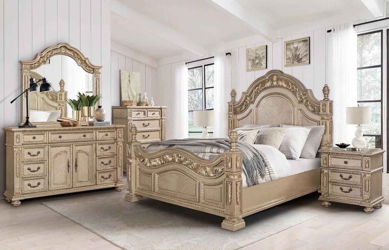 First of a Kind Carolina Gold Finish Traditional 4 Piece Queen Bedroom Set with Upholstered Tufted Headboard Ornate European Inspired Design Coordinated Furniture Collection