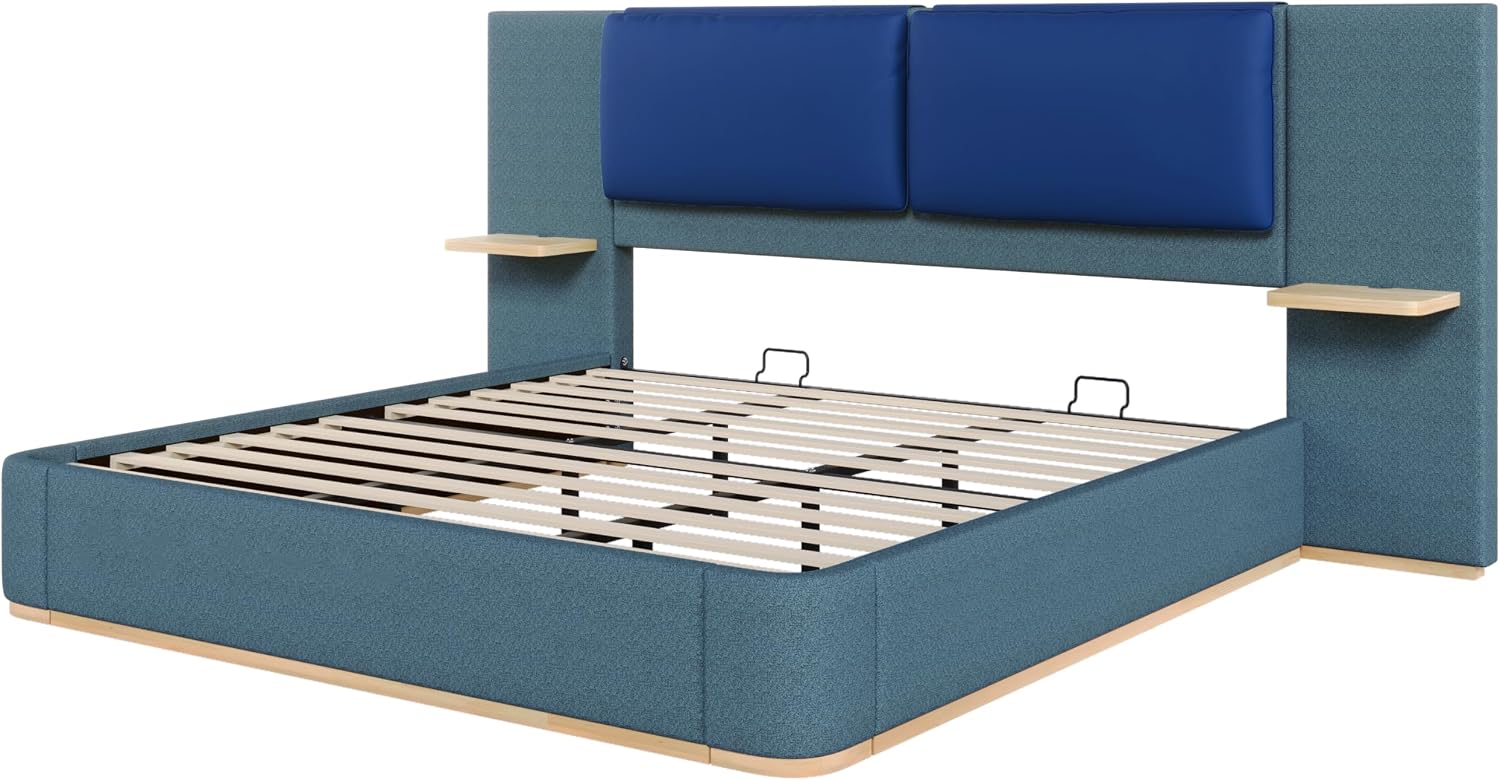 Luxury Bed Frame with Nightstands Modern Bedroom Set, Blue King Size Floor Platform Bed with Oversize Soft Upholstered Tall Headboard Bedframe, No Box Spring Needed (Blue, King)