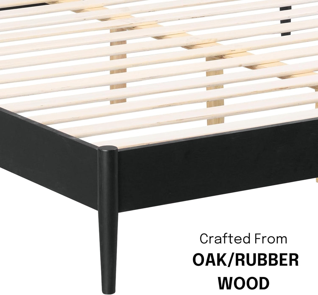 NTC Lupin Wooden Bed Frame with Headboard and Natural Rattan, Solid Oak Foundation with Silent Slats, 1000 Lb Capacity, Effortless Assembly, King - Burnt Black