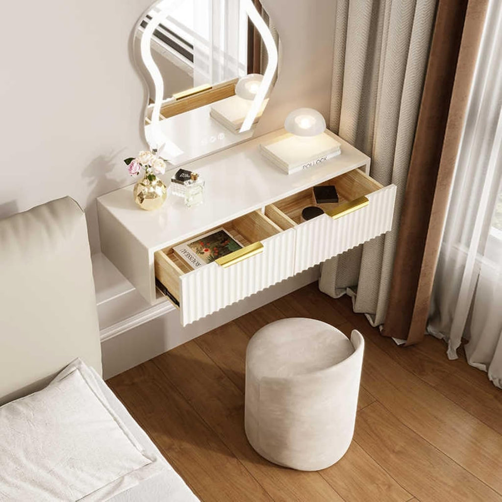2 Drawers Vanity, Floating Vanity Makeup Table, Solid Wood Wall Mounted Makeup Desk, Suspended Corner Desk, Floating Nightstand Bedside Table for Bedroom (70 * 26 * 18cm)