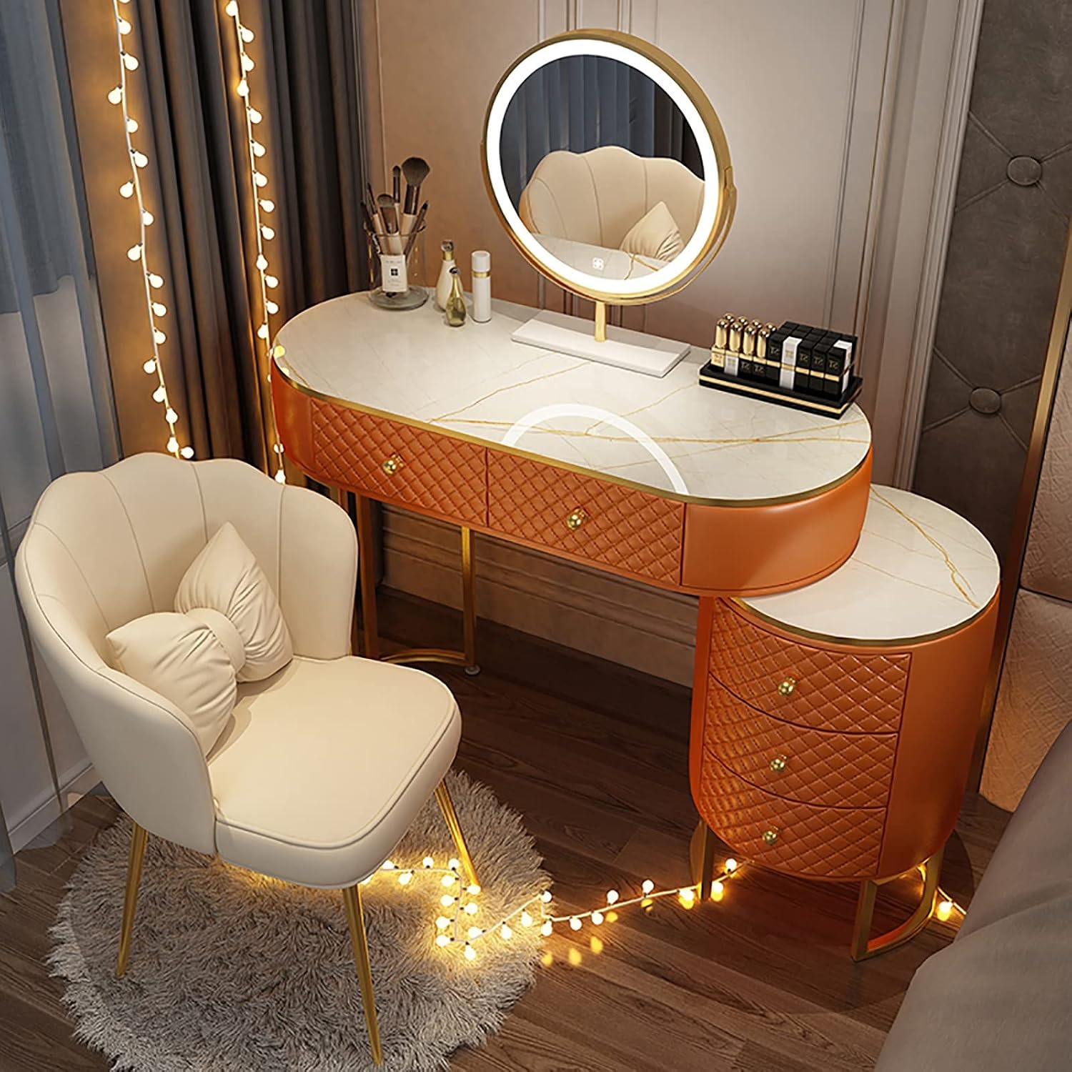 Dressing Table,Dressing Table with 5-6 Drawers, 360° Rotating Mirror, Dressing Benches, Vanity Table with Extendable Design