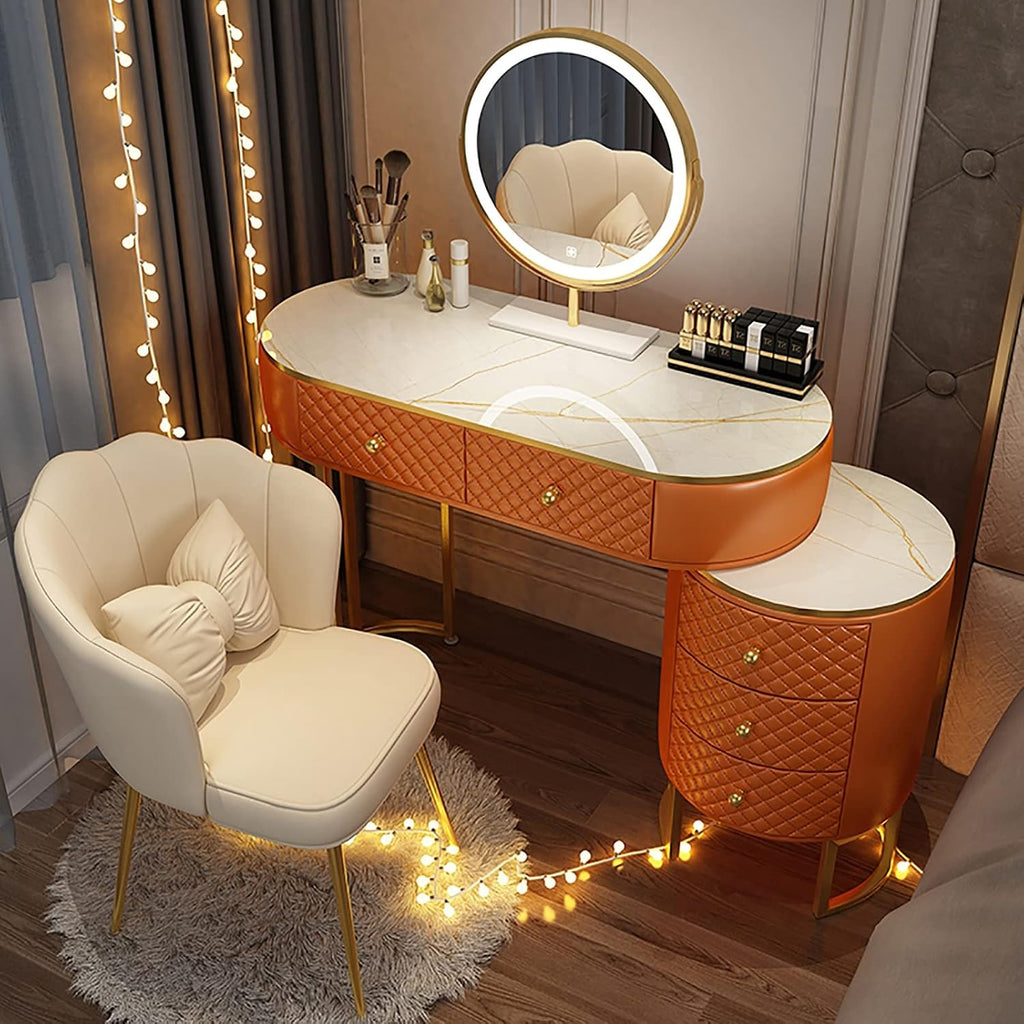 Corner Makeup Table Set Makeup, Women Dresser Table Vanity with 5-6 Drawers, Vanity Dressing Table with 360° Rotating Mirror, Makeup Vanity Benches Vanity Desk ，100cm Orange Petal Chair