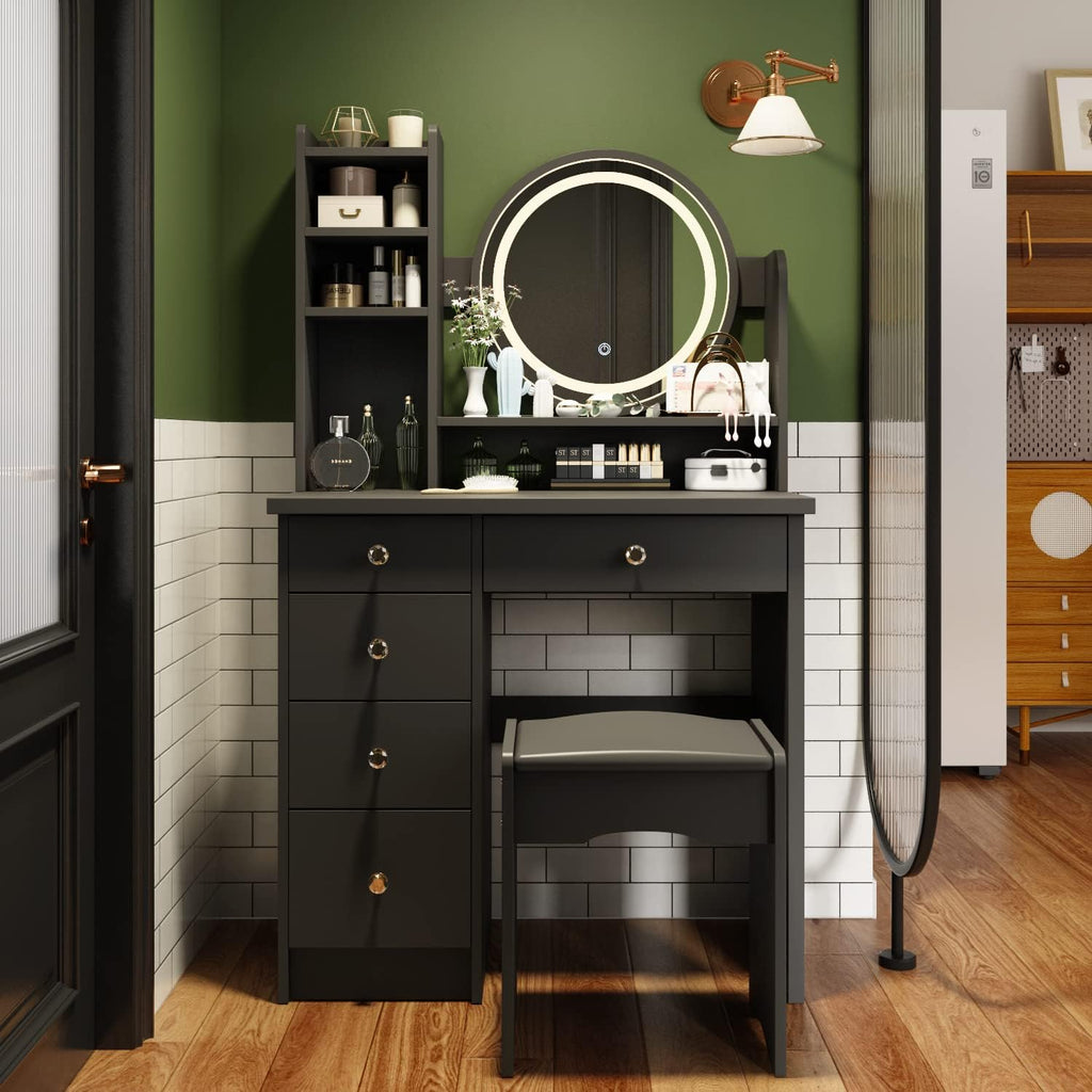 AGOTENI Makeup Vanity Set Dresser Desk with 5 Drawer and Shelf Round Mirror with Touch Screen and Light Vanity Set with Cushioned Stool for Bedroom, Black