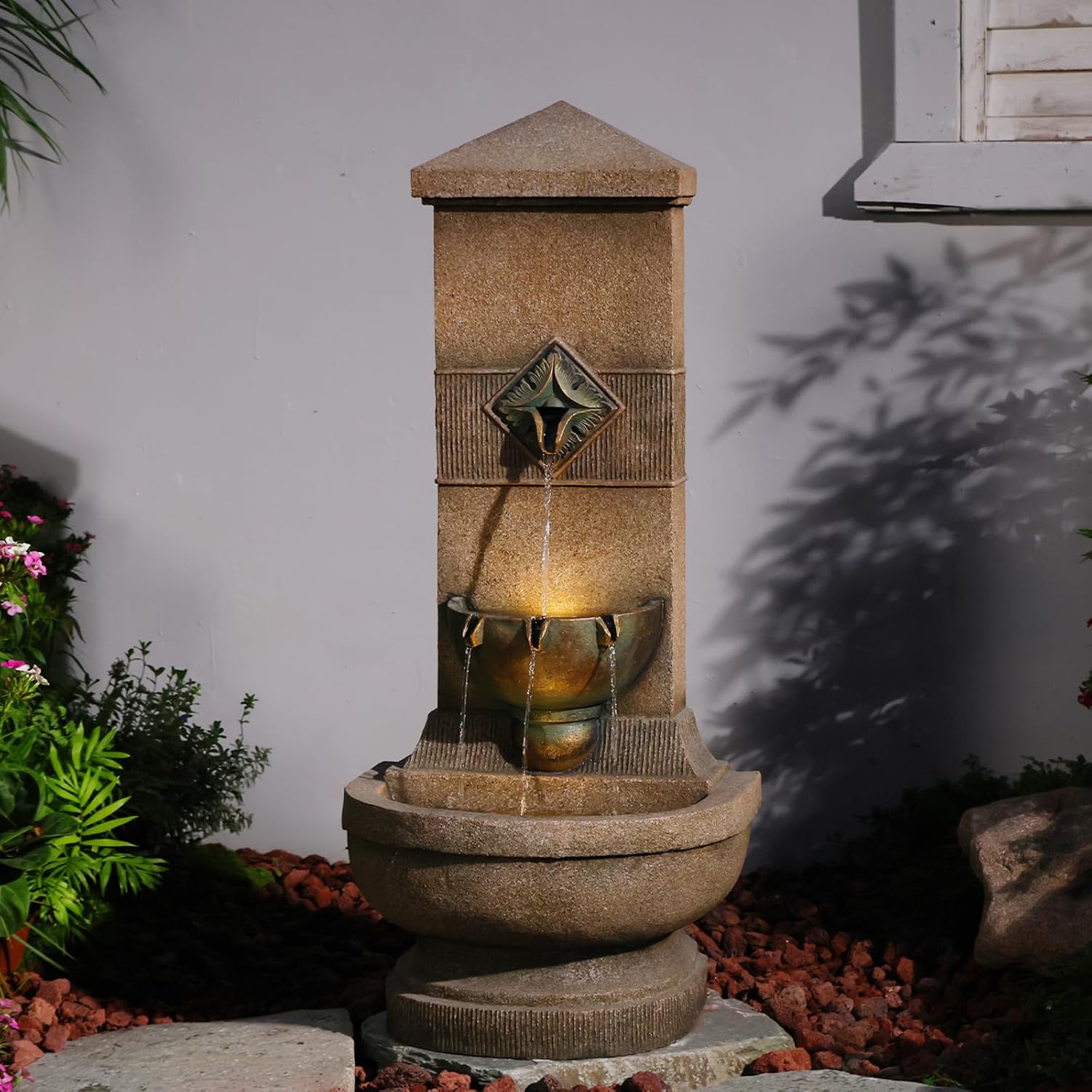 Bumilgar Outdoor Wall Fountain with LED Lights, 39.96' H Freestanding Garden Water Fountain, Large Floor Standing Patio Waterfall Feature, European Resin Flat Back Yard Courtyard Porch Décor