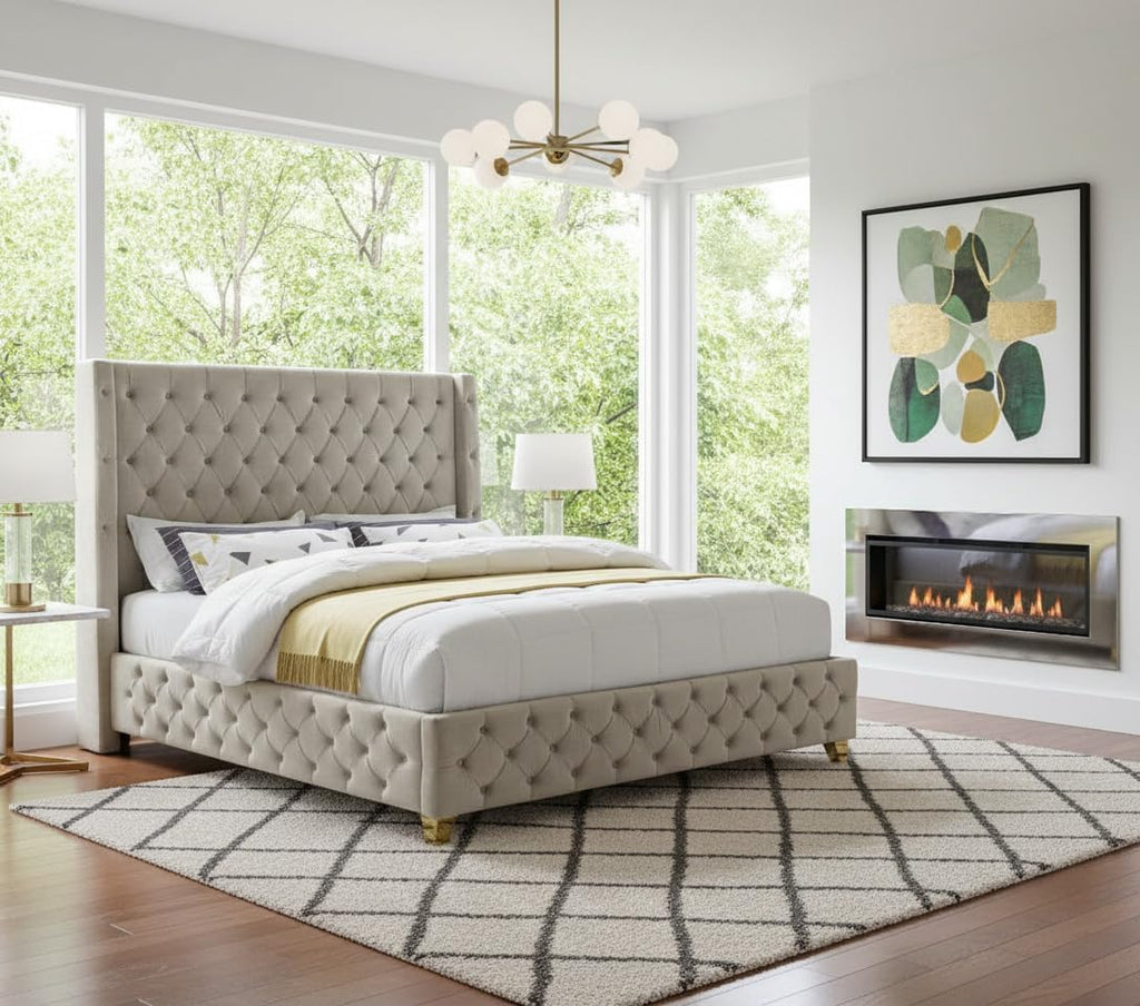 Meridian Furniture SavanCream-Q Savan Collection Modern | Contemporary Velvet Upholstered Bed with Deep Button Tufting in Gold or Chrome Finish, 72' W x 86' D x 56' H, Cream, Queen