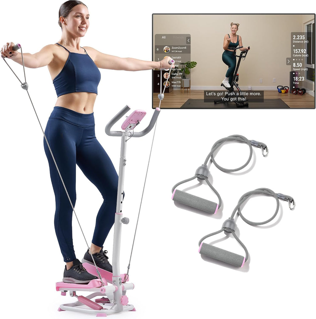 Sunny Health & Fitness Total Body 2-in-1 Smart Stepper Machine for Home with Handlebar and Resistance Bands