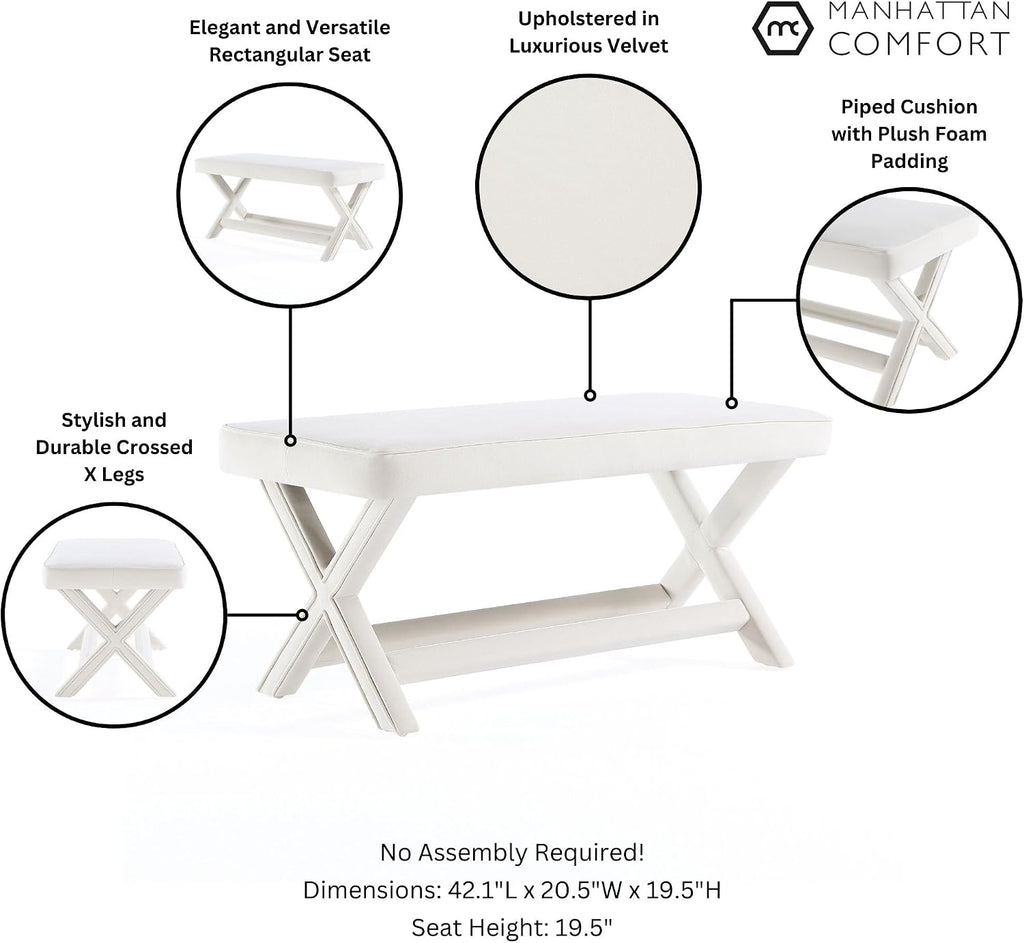 Manhattan Comfort Abigail Double Ottoman Bench Upholstered in Velvet Fabric, Luxurious Accent Vanity Stool with Stylish X-Crossed Legs, Solid Wood Frame, Plush Piped Cushion, Fully Assembled, Cream