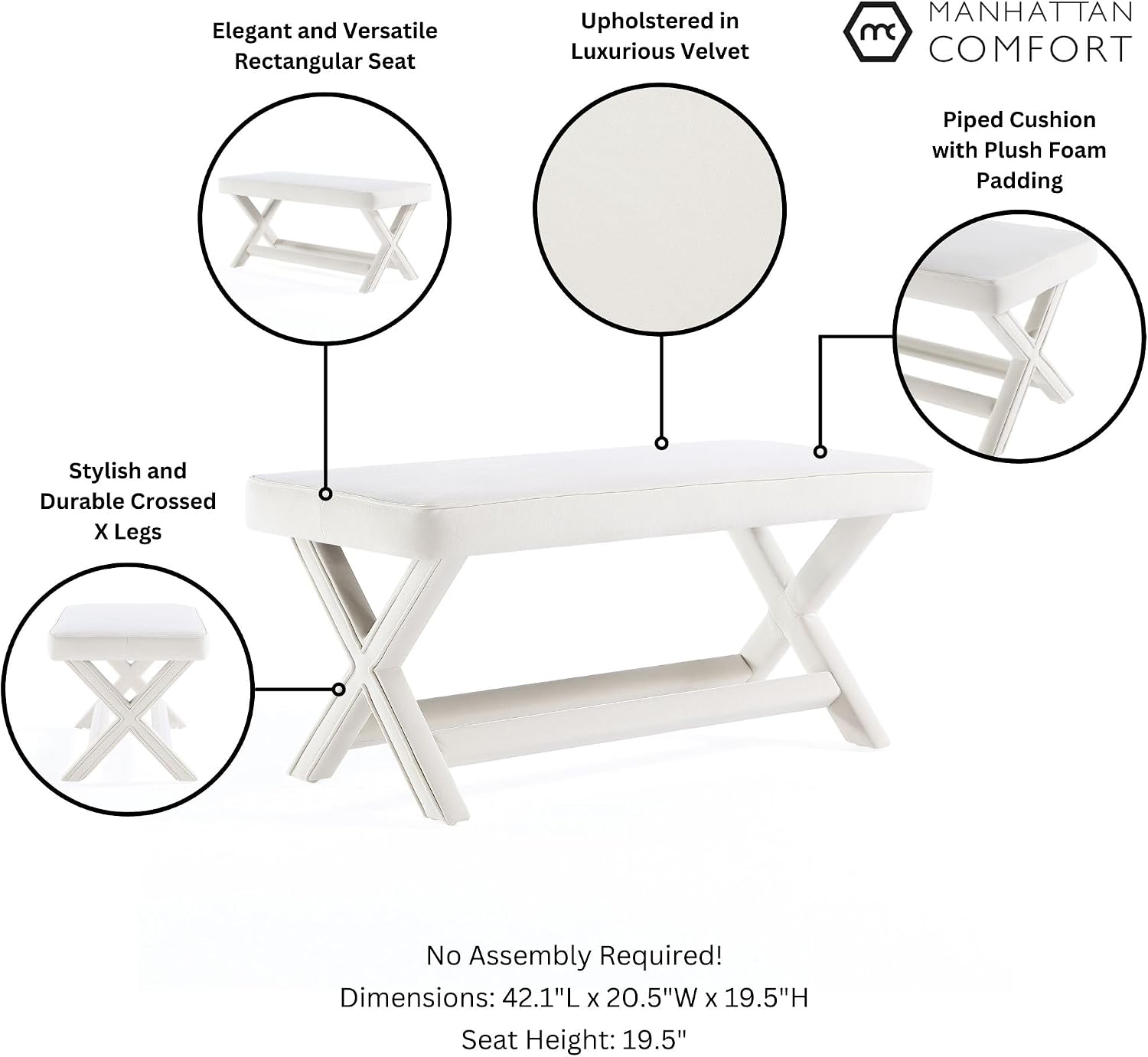 Manhattan Comfort Abigail Double Ottoman Bench Upholstered in Velvet Fabric, Luxurious Accent Vanity Stool with Stylish X-Crossed Legs, Solid Wood Frame, Plush Piped Cushion, Fully Assembled, Cream