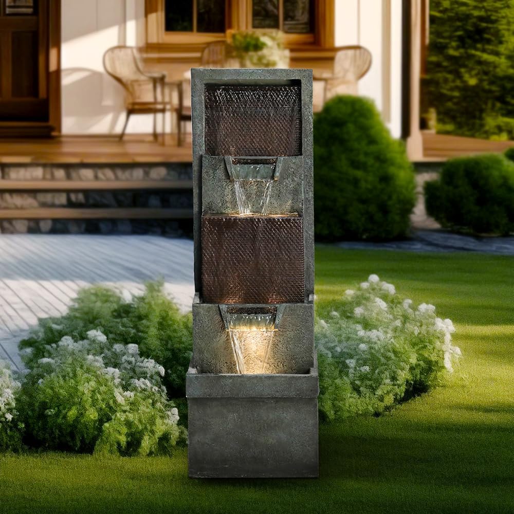 39.3' Outdoor Garden Water Fountain - Outdoor/Indoor Waterfall Floor-Standing Fountains with LED Lights for Yard, Floor Patio, Backyard and Home Art Deco