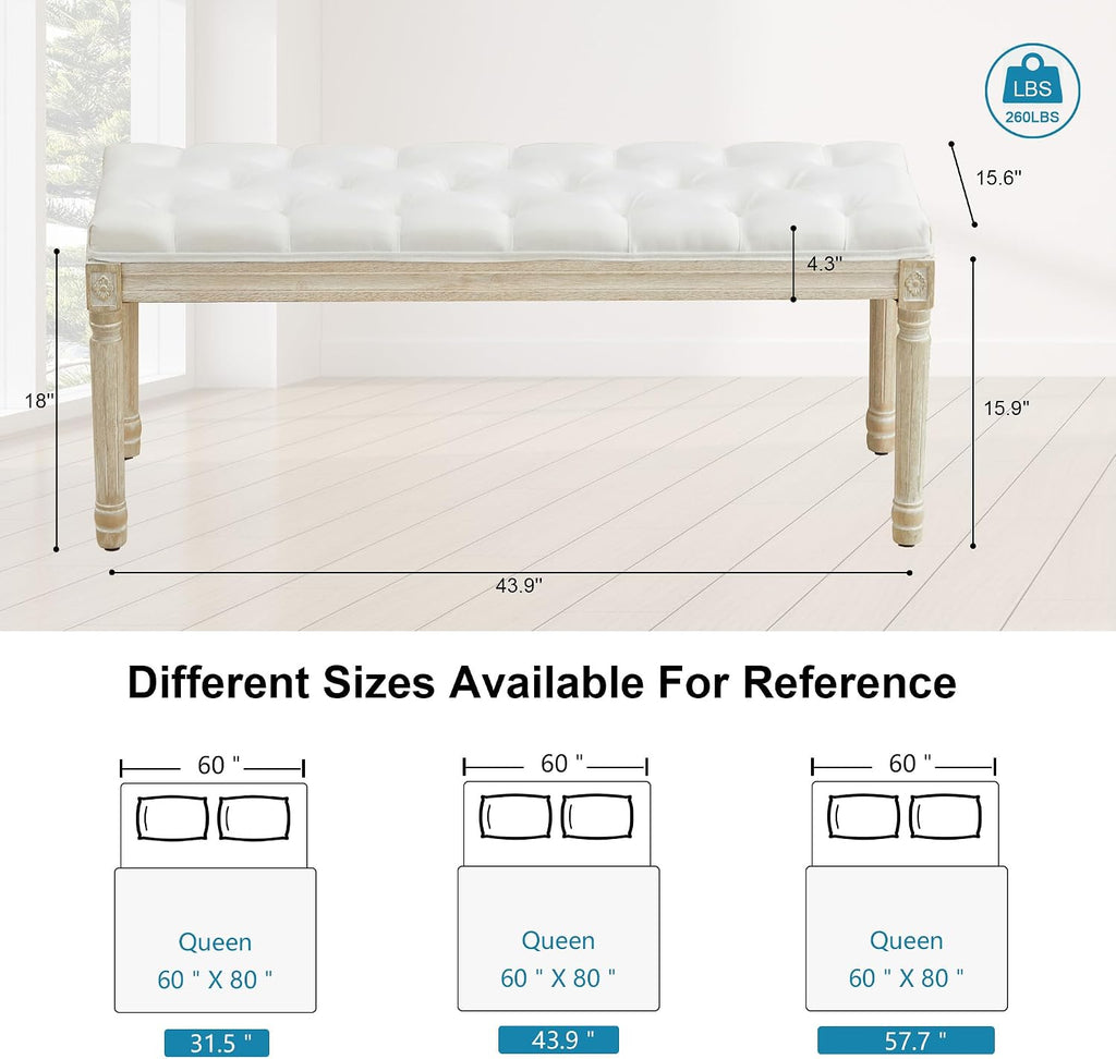 44'' Entryway Bench, Upholstered Button End of Bed Bench, Vintage Bench with Carving Pattern Wood Legs, Vanity Foot-Stool, White