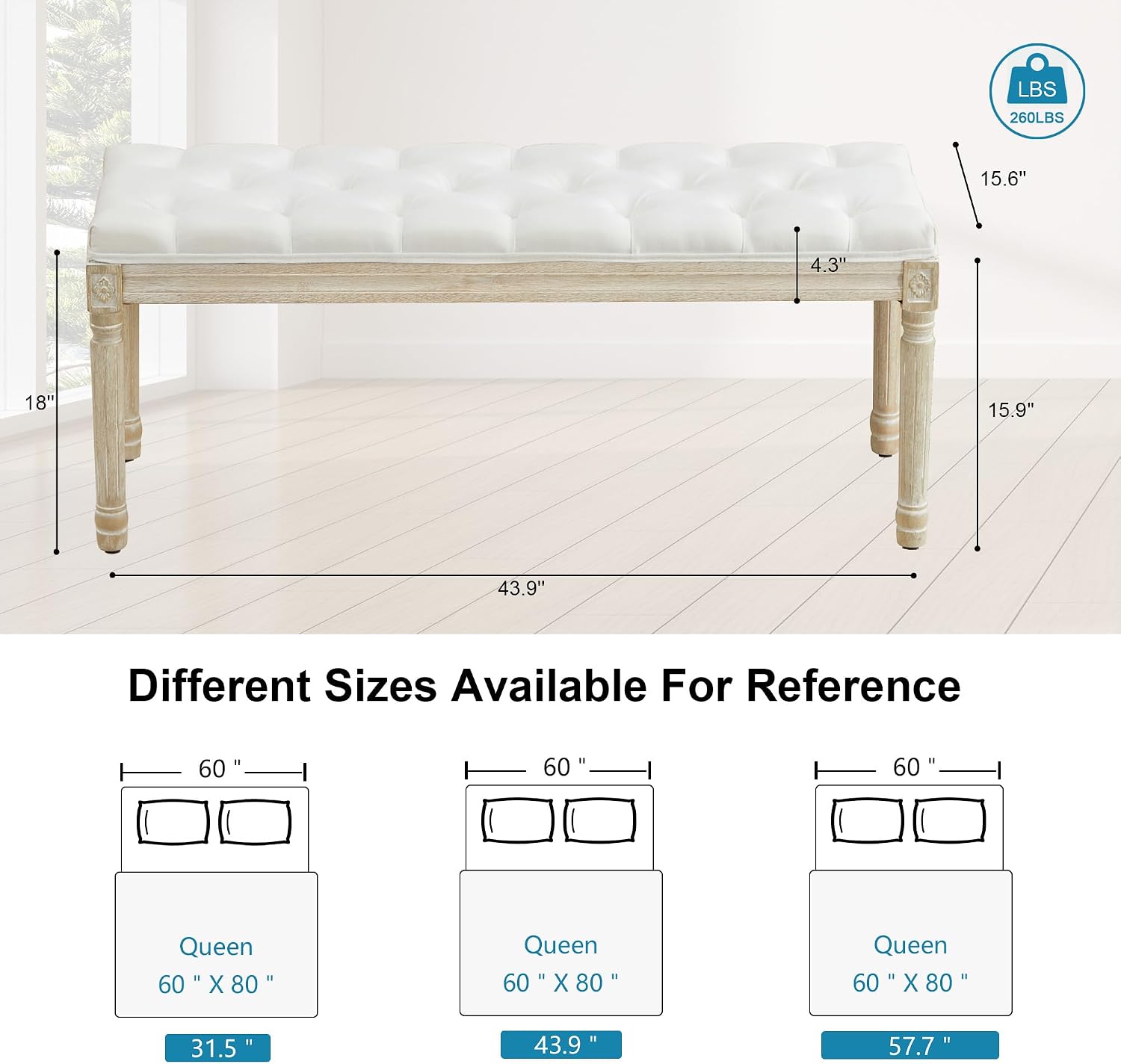 44'' Entryway Bench, Upholstered Button End of Bed Bench, Vintage Bench with Carving Pattern Wood Legs, Vanity Foot-Stool, White