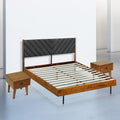 Acacia Bedroom Set - 3 Pieces Astoria Modern Platform Bed Frame with Upholstered Headboard and 2 Sofia Nightstands Set, Solid Wood Finish, Queen Size Beds with Nightstand with Drawer, Caramel