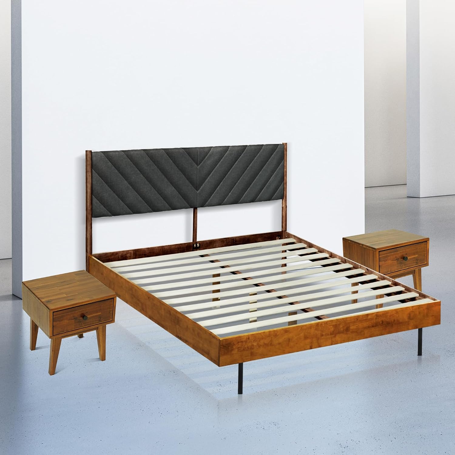 Acacia Bedroom Set - 3 Pieces Astoria Modern Platform Bed Frame with Upholstered Headboard and 2 Sofia Nightstands Set, Solid Wood Finish, Queen Size Beds with Nightstand with Drawer, Caramel