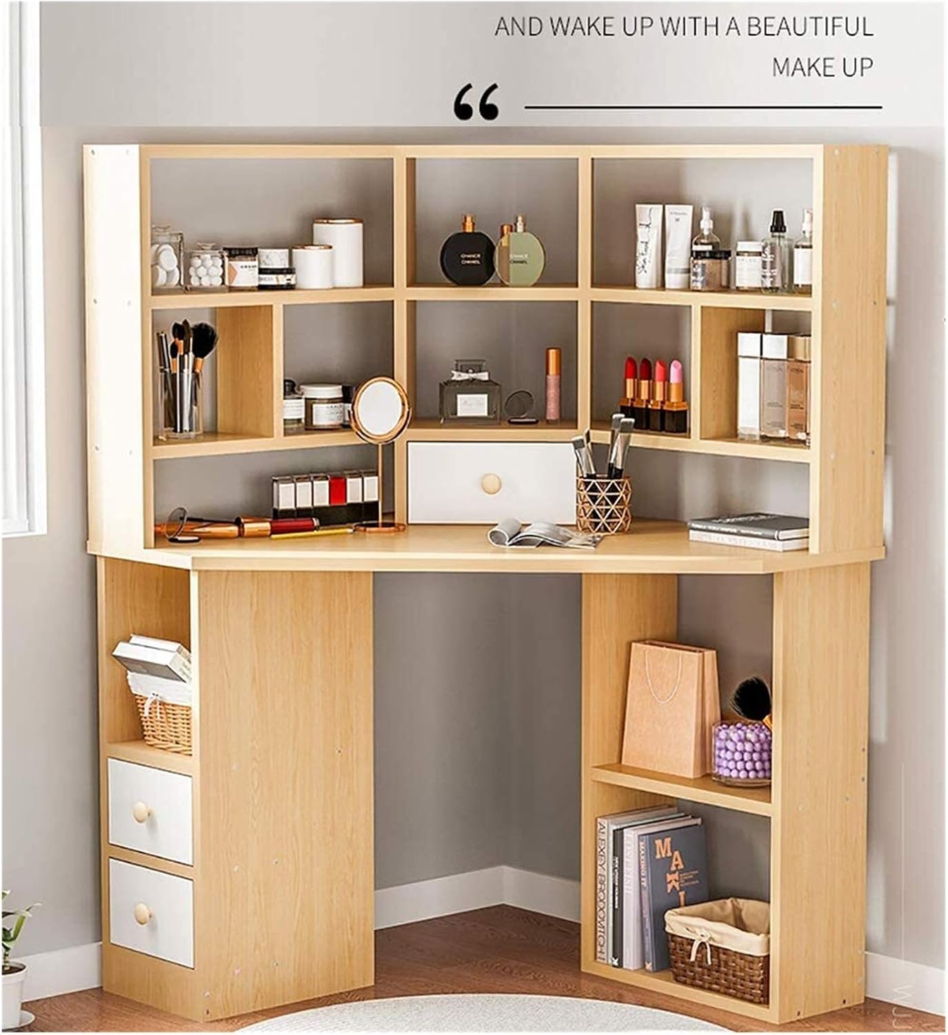 Luxury Dressing Vanity Table w/Stool for Bedroom, Corner Vanity Table, Solid Wood Dressing Table, Large Storage Organizer and Open Compartment, with Shelf Holder(C)