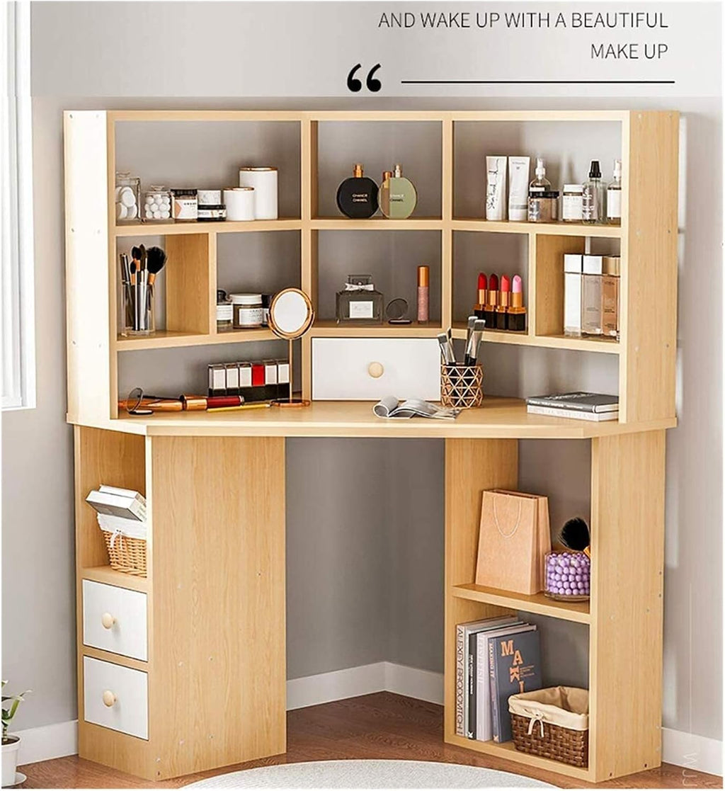 Luxury Dressing Vanity Table w/Stool for Bedroom, Corner Vanity Table, Solid Wood Dressing Table, Large Storage Organizer and Open Compartment, with Shelf Holder(E)