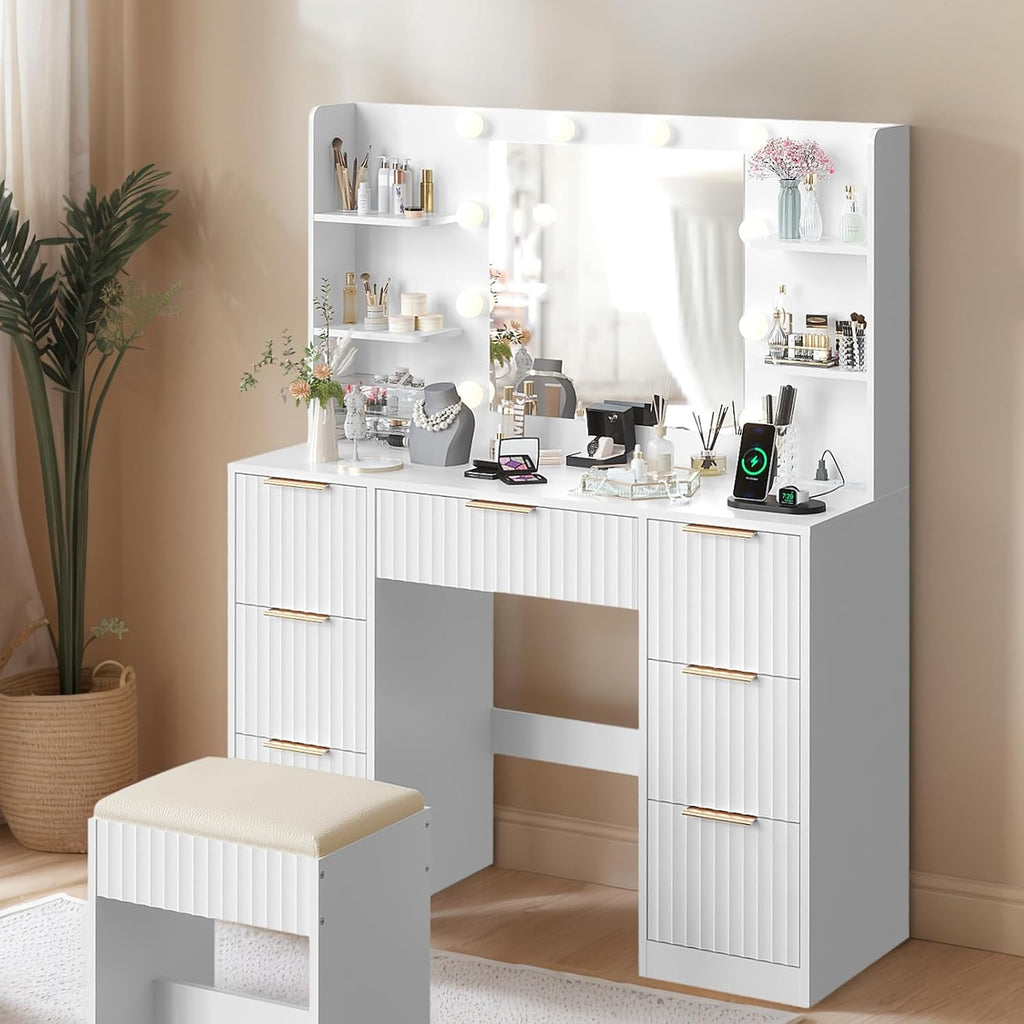 Karl home Fluted Vanity Desk with Mirror and Lights in 3 Modes and Charging Station, Makeup Vanity Table Set with 7 Drawers & Storage Shelves, Dressing Table with Chair for Bedroom, White