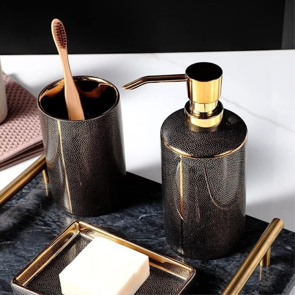 Vanity Bathroom Decor, Bathroom Accessories Sets Light Luxury Ceramics Bathroom Deco Accessroy Set Bathroom Accessories Housewarming Gift(Black,4pcs)