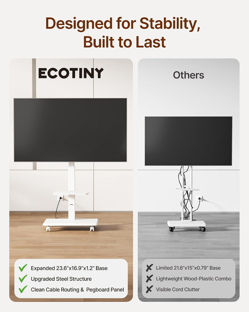Steel Base Rolling TV Stand for 37-86 Inch TVs up to 110 lbs, Rotating & Tilt & Swivel Mobile TV Stand with Pegboard Storage Panel, Height Adjustable Portable TV Cart with Steel Shelf, White