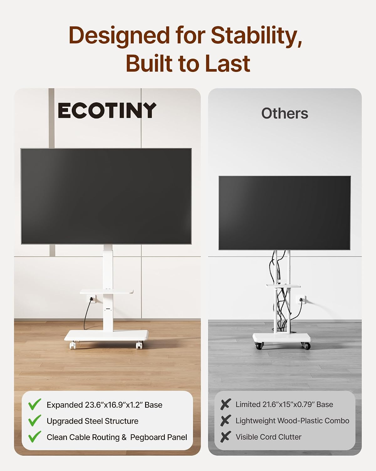 Steel Base Rolling TV Stand for 37-86 Inch TVs up to 110 lbs, Rotating & Tilt & Swivel Mobile TV Stand with Pegboard Storage Panel, Height Adjustable Portable TV Cart with Steel Shelf, White