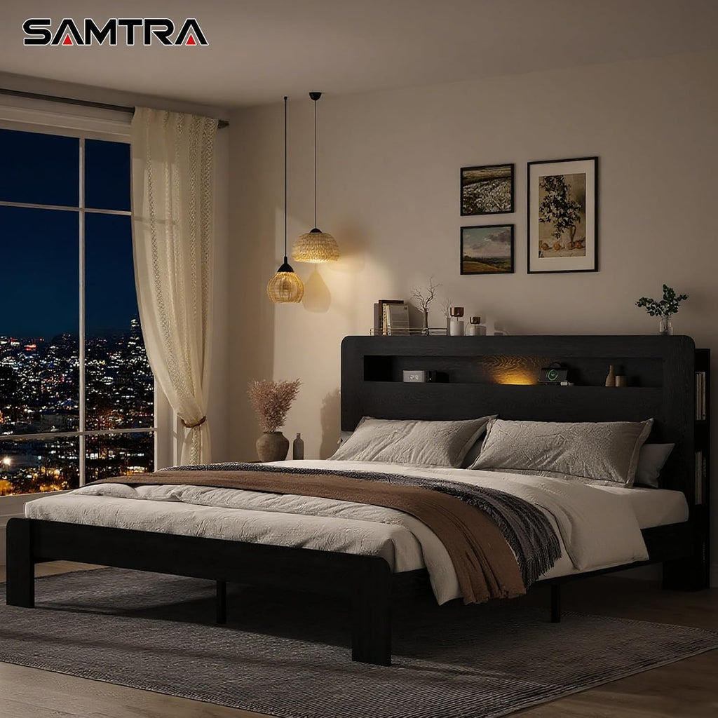 Wooden Bed Frame King Size with Storage Headboard - Farmhouse Platform Bed Frame with Bookcase Shelf & Led Lights, Sturdy Wood Slat Framework Bed Frame (Black LED)