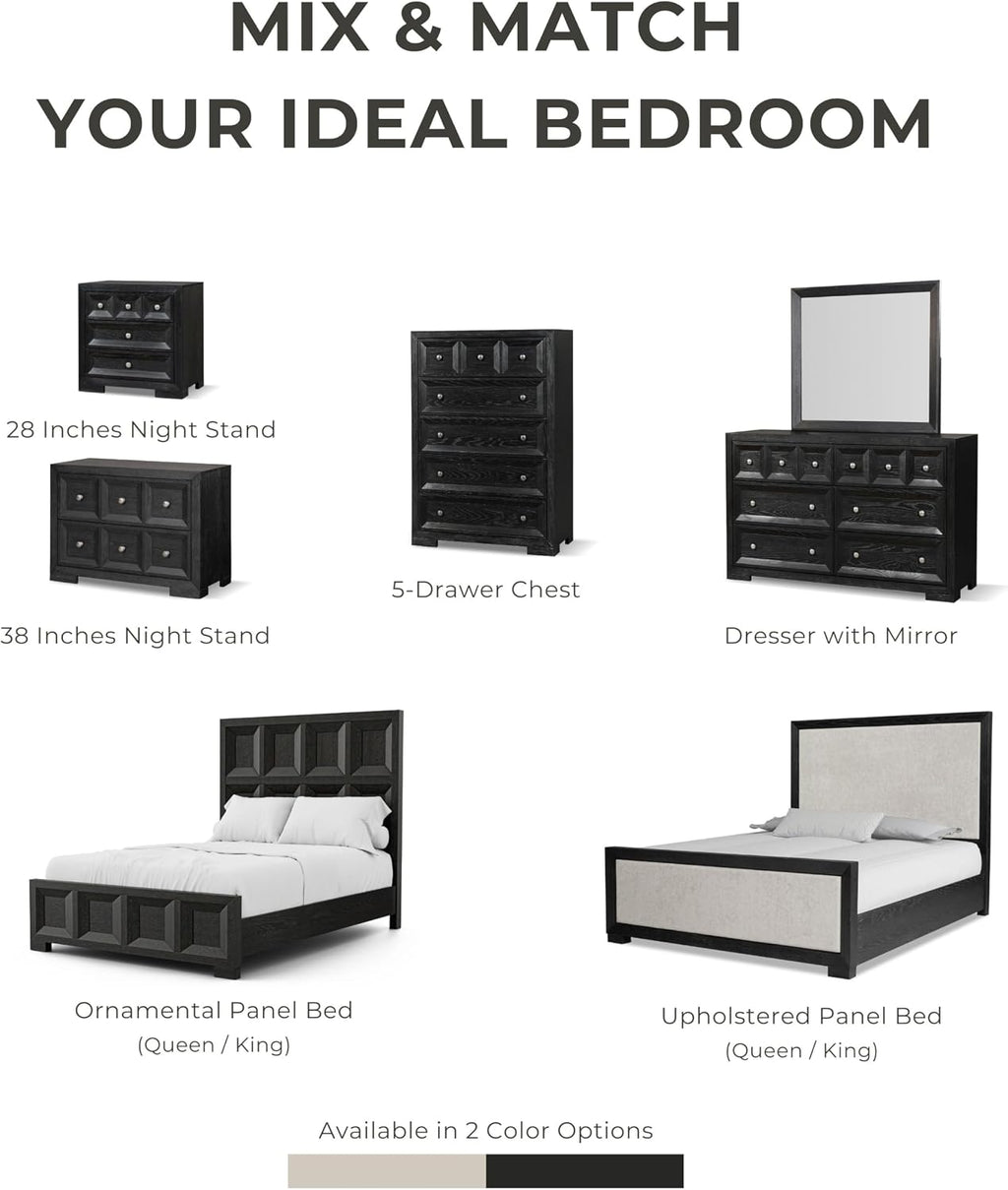 Furniture of America Dannen Modern Solid Wood 3-Piece Bedroom Set with Panel Bed, USB Charger and Felt-Lined Top Drawers on Nightstand, Box Spring Needed, King, Weathered Black