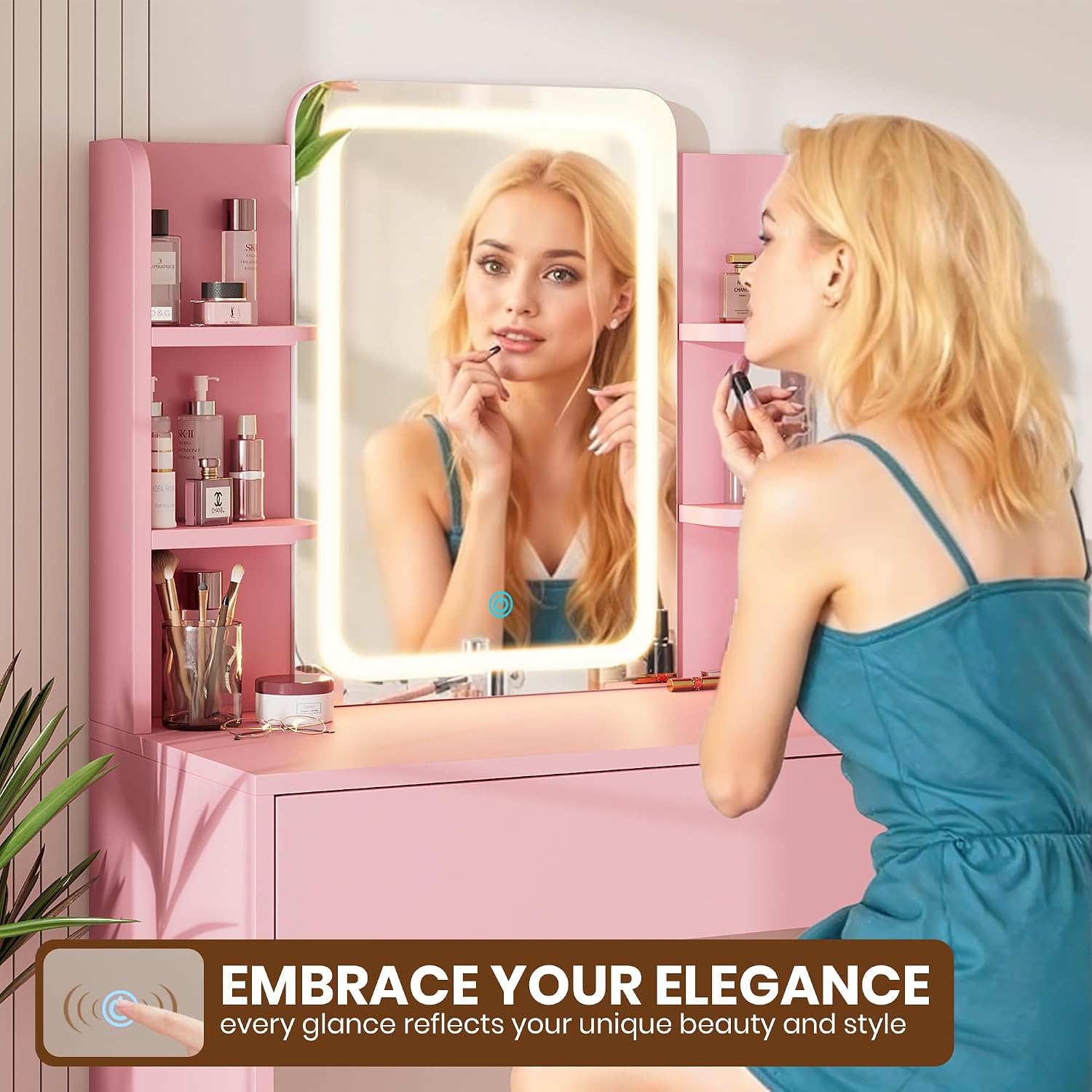 Vanity Desk with Mirror and Lights, Small Makeup Vanity Desk with Storage Drawer,3 Lighting Moders & Adjustable Brightness,Compact Dressing Table with 3-Tier Open Shelf for Girls Women Bedroom(Pink)