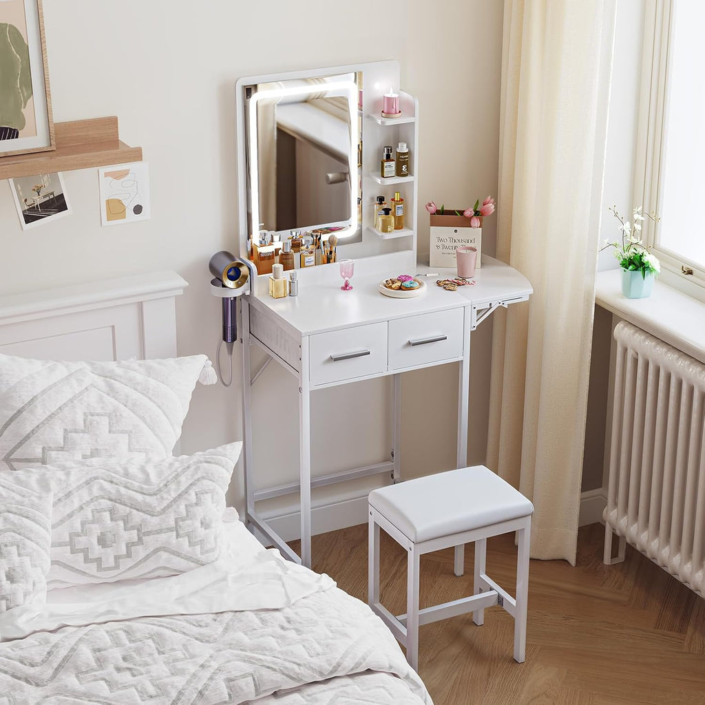 Small Vanity Desk for Compact Space: Mini Makeup Table Set for Bedroom - Tiny White Vanity with Mirror for Girls