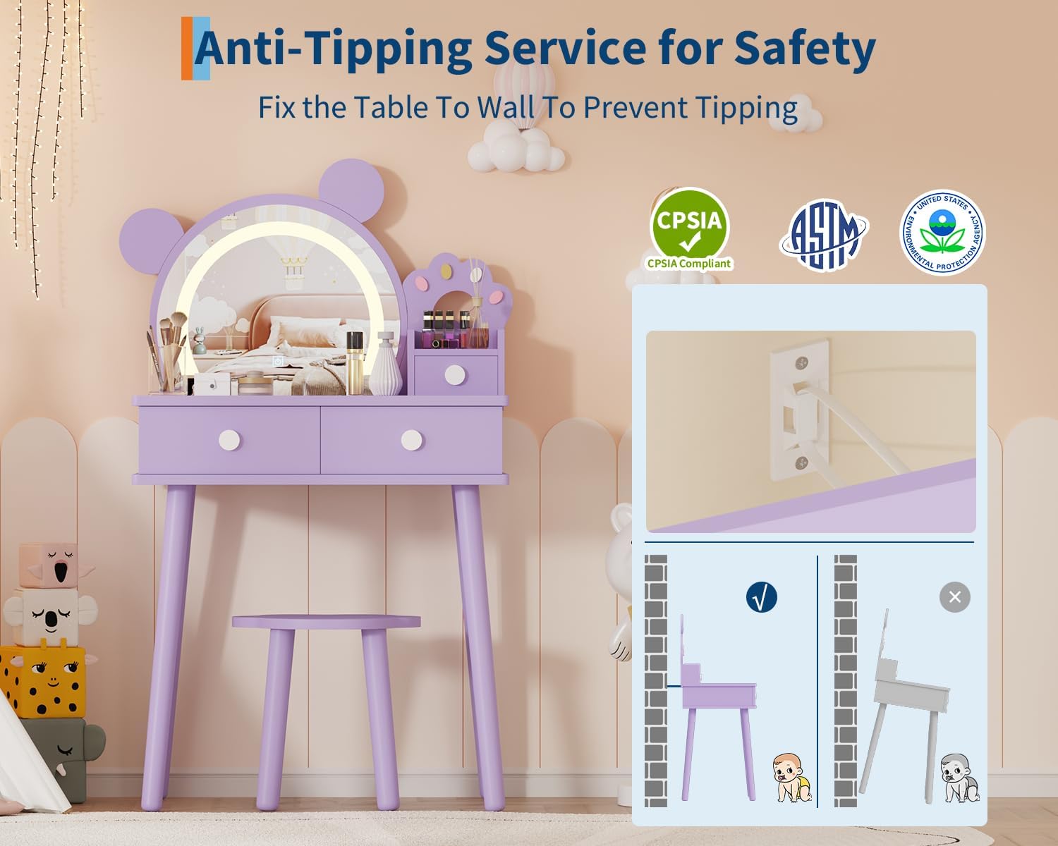 Garvee Kids Vanity Set with Lights,Bear-Shaped Make Up Vanity Desk with Mirror&Stool,Wooden Princess Toddler Make Up Table Set for Bedroom,Pretend Play Vanity Sets for Little Girls(Purple)
