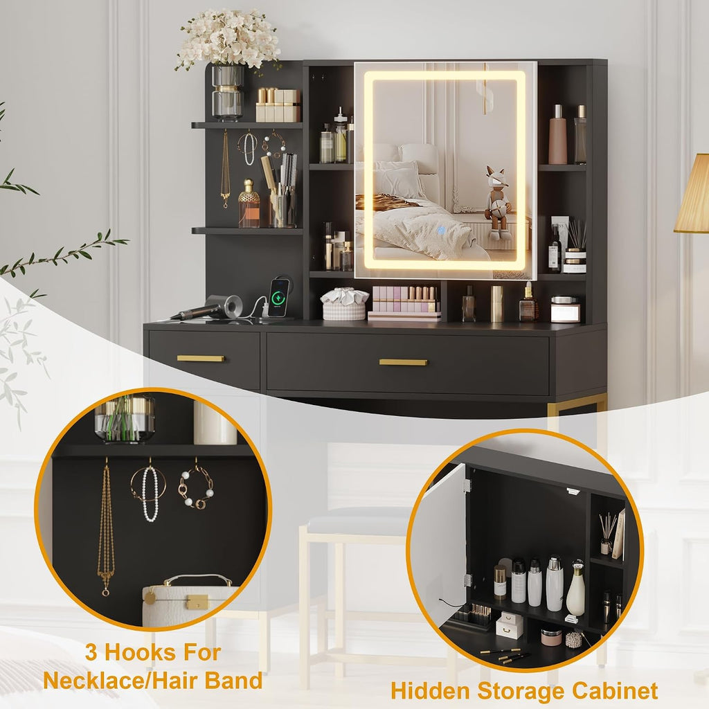 IDEALHOUSE Vanity Desk with Mirror and Lights, 42.5' Makeup Vanity Set with Stool, Makeup Table with Mirror Cabinet and Chair, Drawers & Shelves, Dressing Table with Outlet for Bedroom, Black