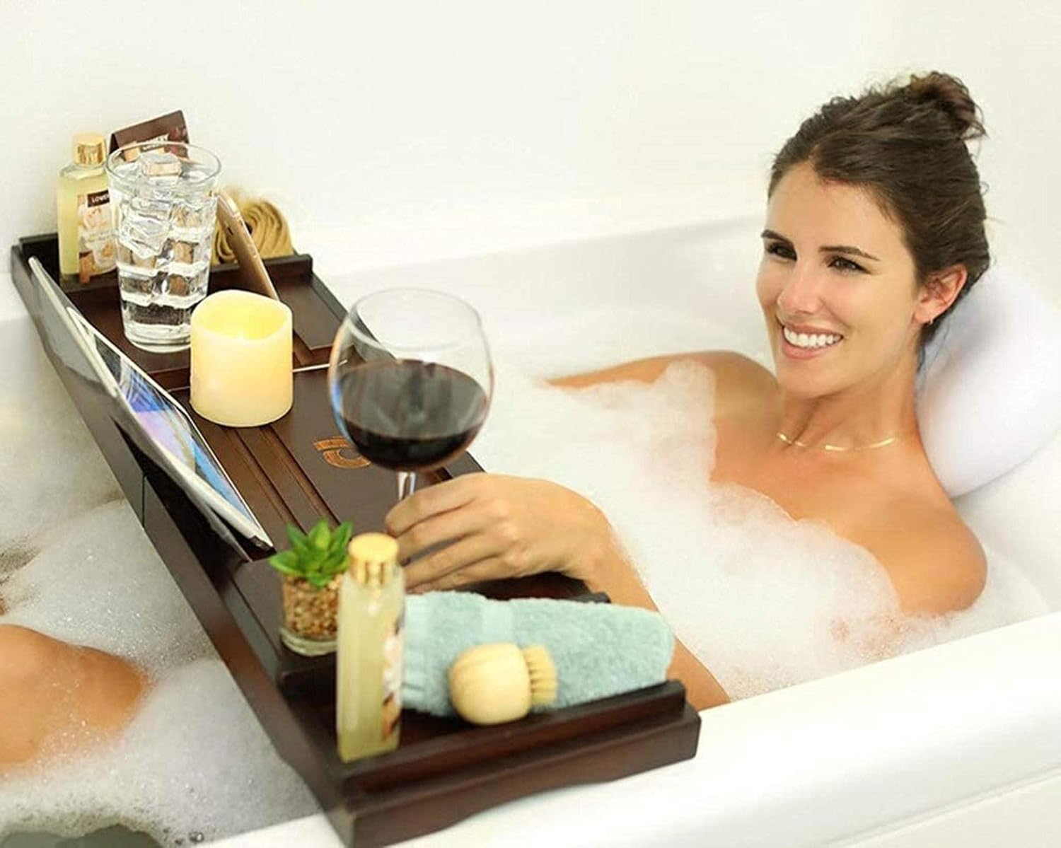 Bamboo Bathtub Caddy Tray with Glass Holder Expandable Design for Most Bathtubs Sturdy Stylish and Pink 75 110 * 23 * 5cm
