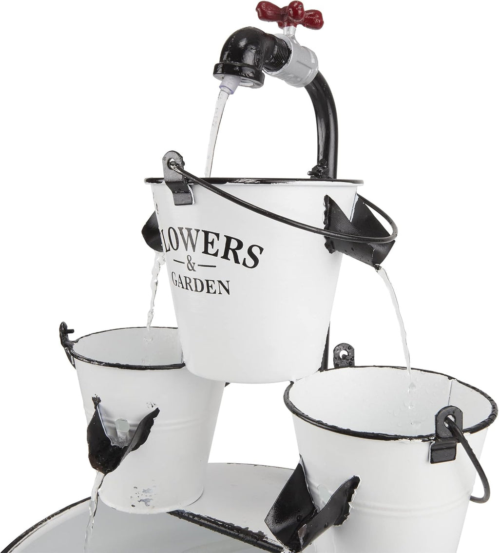 Alpine Corporation YHL424 36' Outdoor Floor Buckets with Faucet Water Fountain – Vintage Buckets Garden Water Feature, Charming Outdoor Fountain for Patio & Yard, White