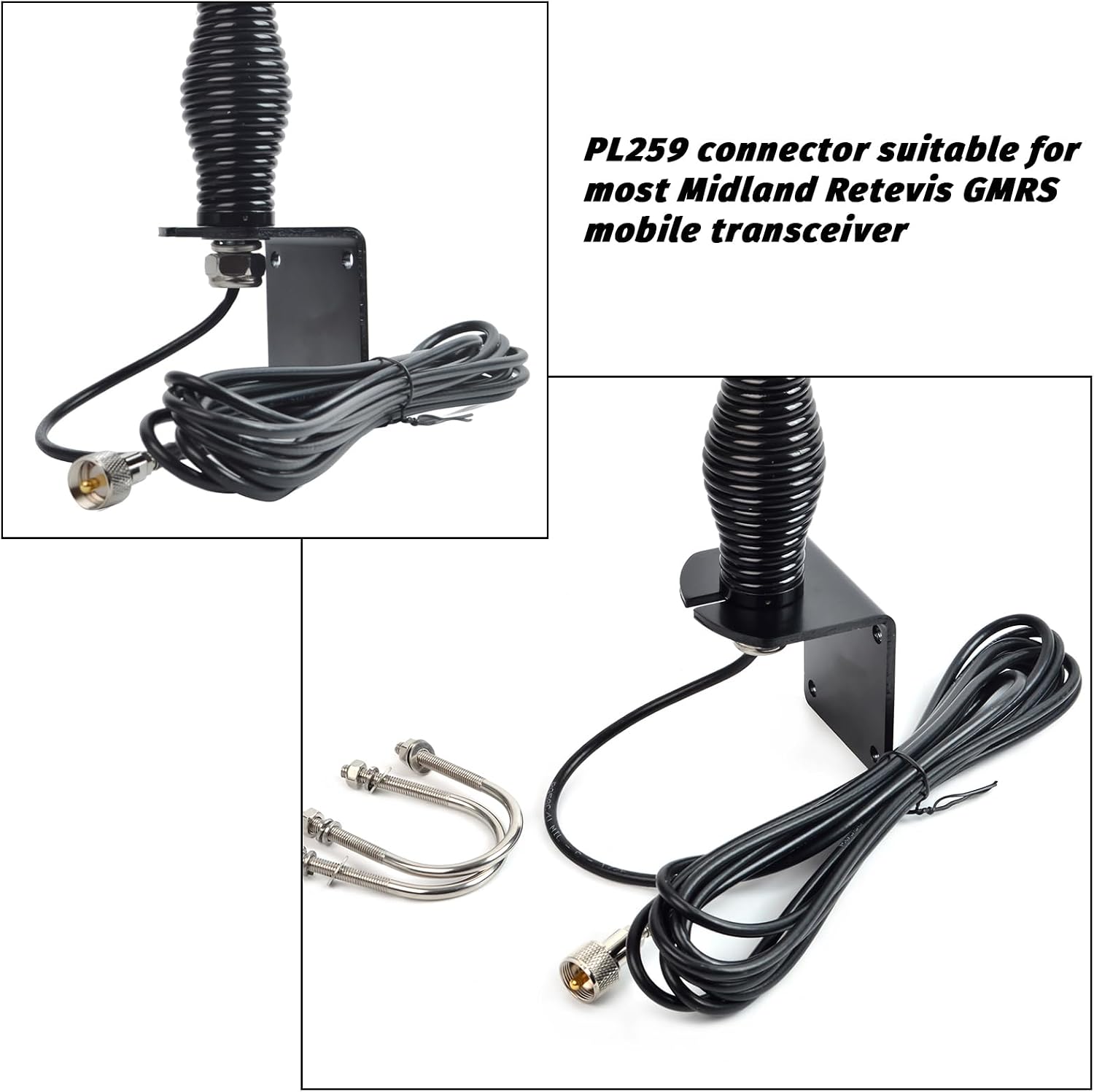 TWAYRDIO Heavy Duty GMRS Mobile Radio Antenna, 6.5dB High Gain Black Fiberglass GMRS Antenna with Mount Bracket, Spring Base, 16.4ft RG58 Coaxial Cable for Midland Retevis GMRS Transceiver
