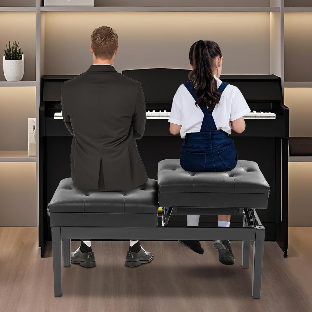Adjustable Duet Piano Bench with Storage, Wood Keyboard Stool with PU Leather Padded Cushion, Double Seater Piano Chair with High-Density Sponge for Piano, Vanity, Living Room (Black)